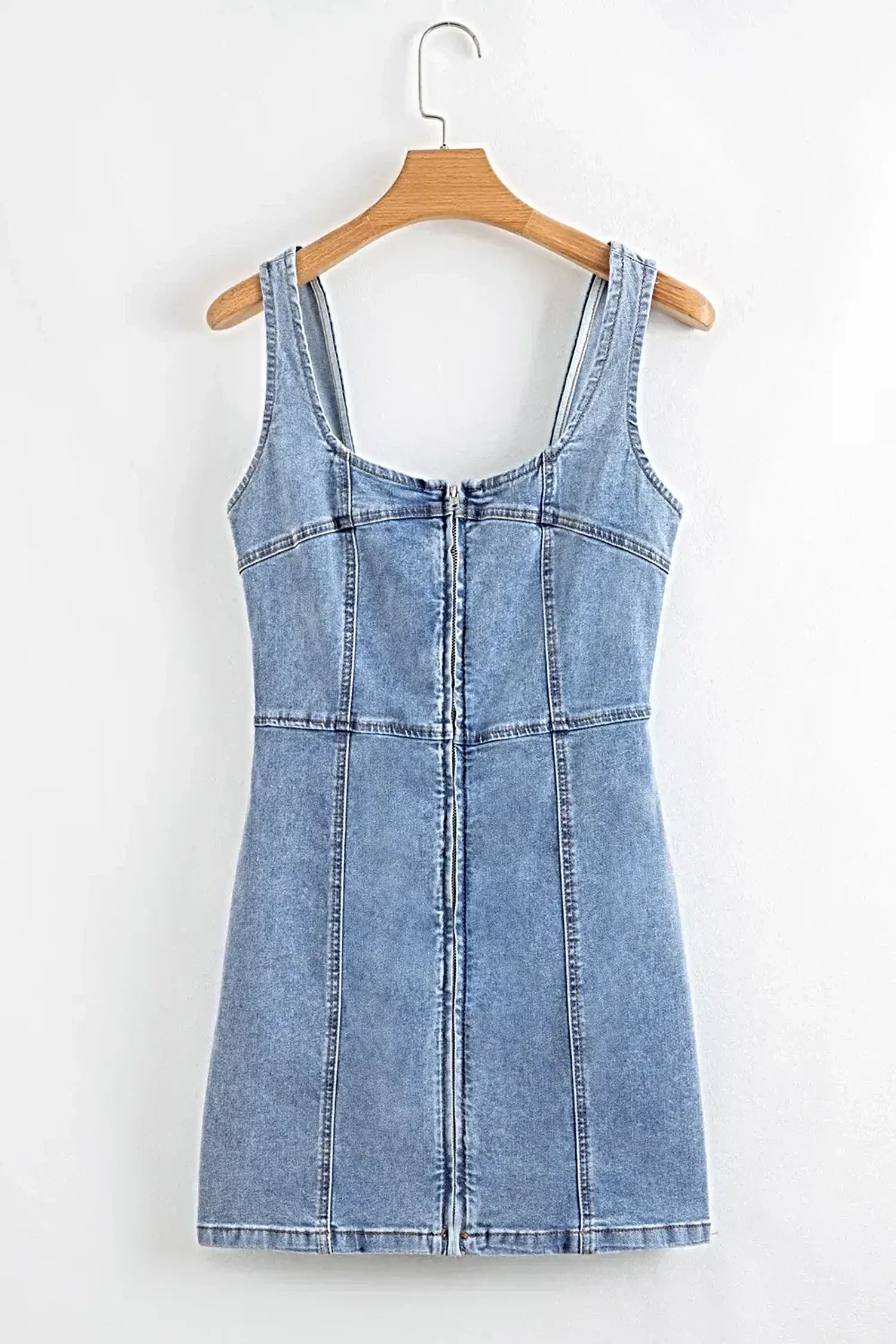 Elegant Square Neck Wide Strap Denim Dress for Women - Classic Style with Zipper Closure -