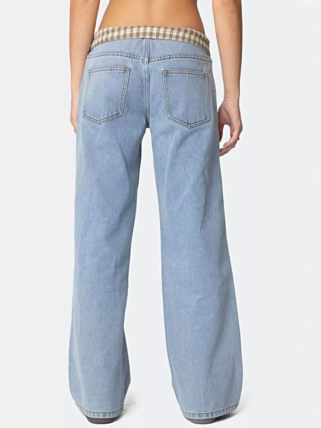 Plaid Trim Wide Leg Jeans -