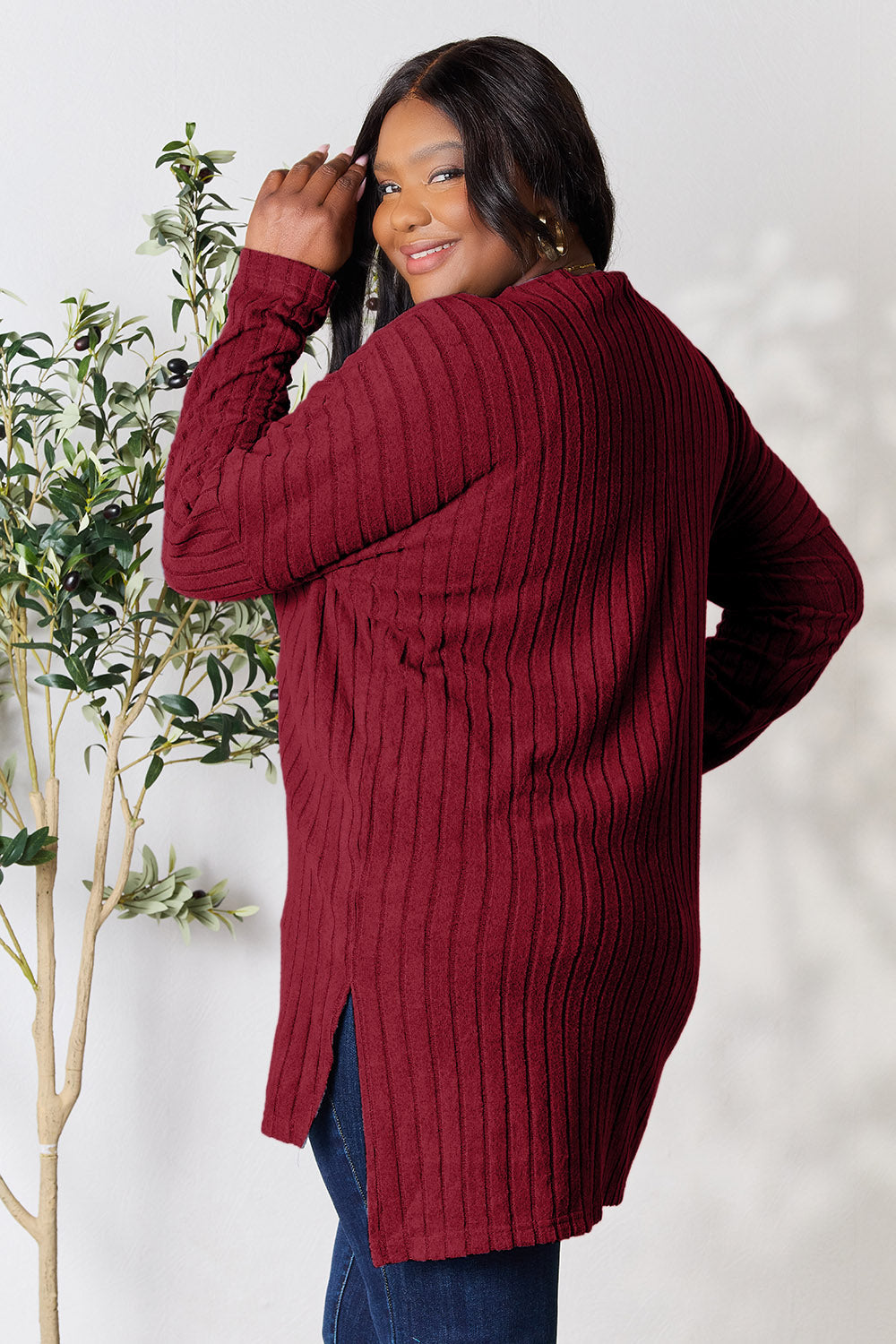 Chic Ribbed Long Sleeve Top with Slit - Basic Bae Full Size Round Neck Design for Effortless Style Trendsi