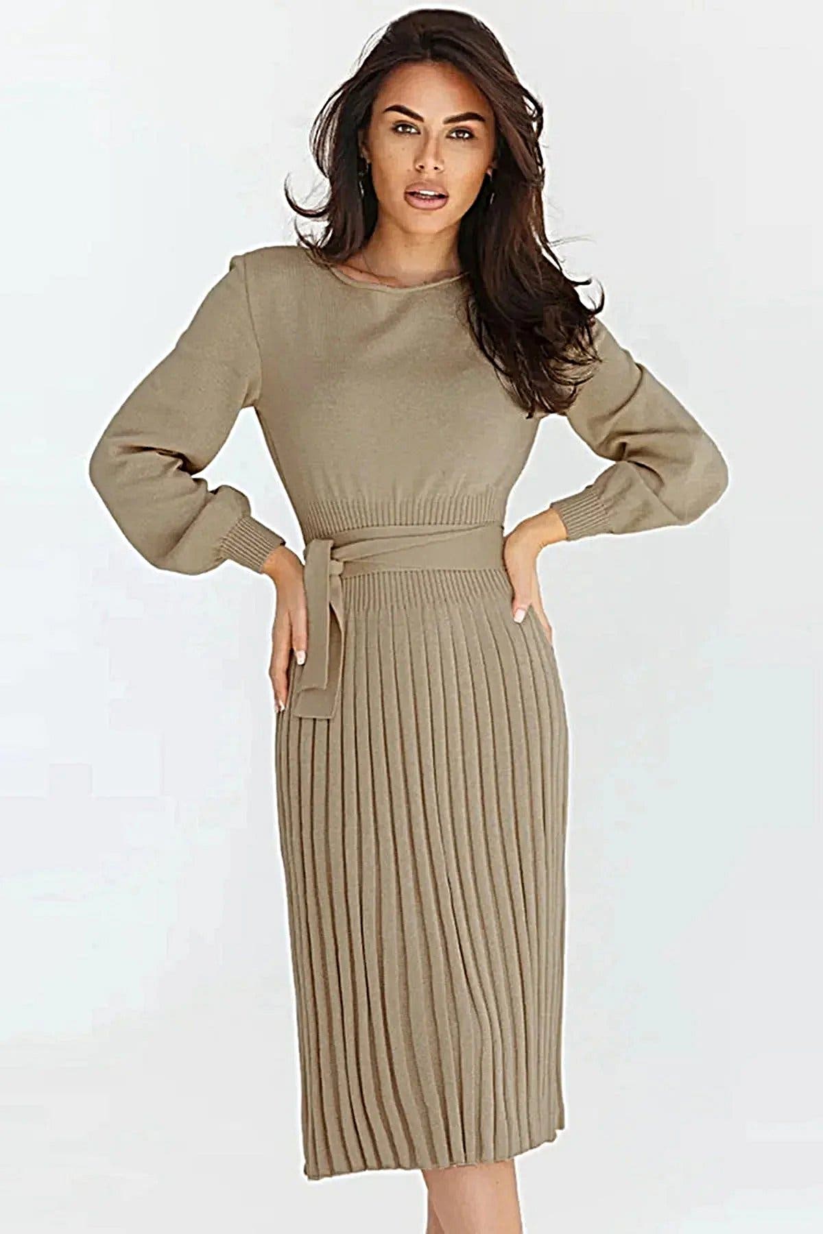Round Neck Long Sleeve Pleated Sweater Dress -