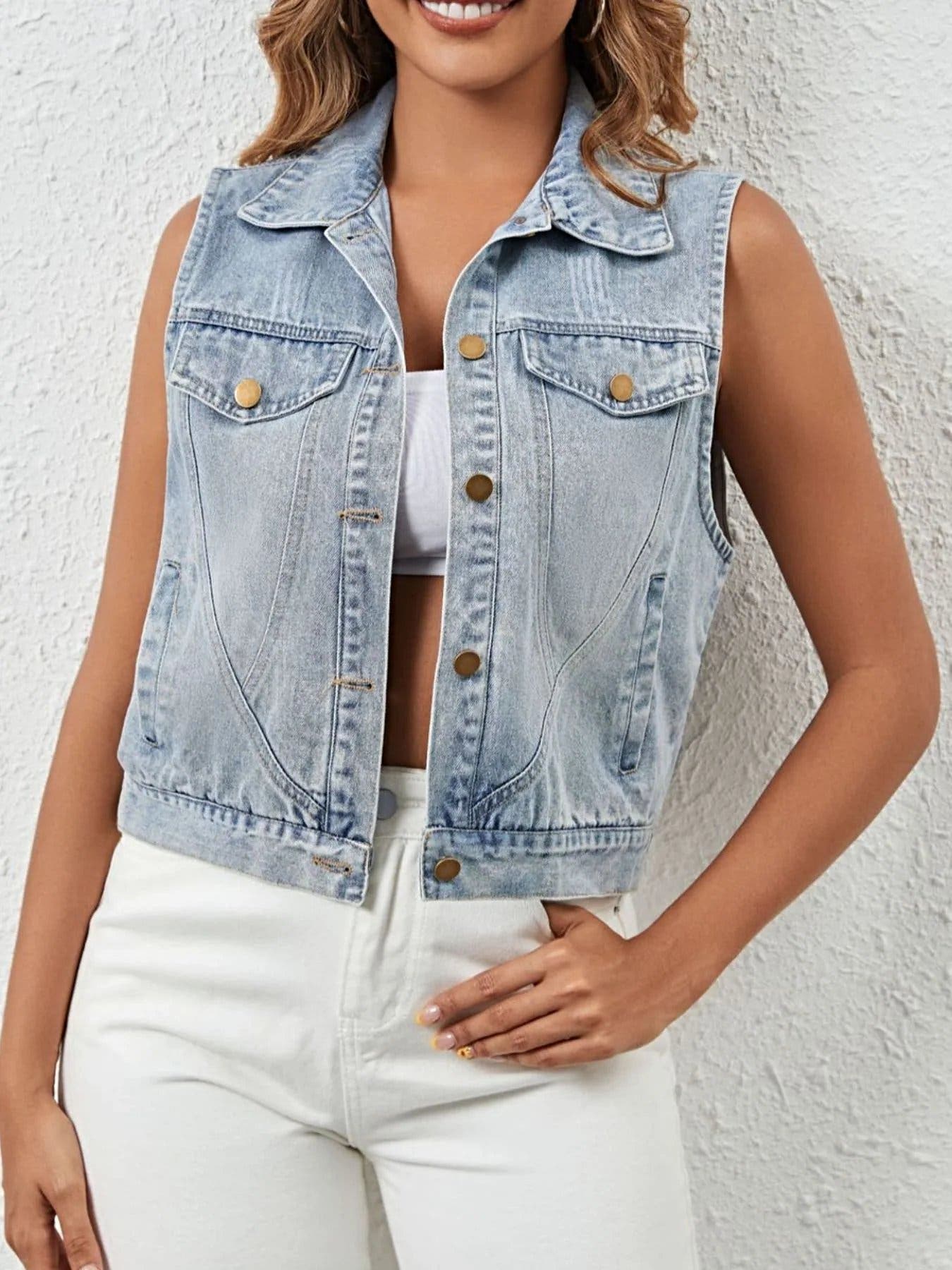 Sleeveless Button Up Denim Jacket -