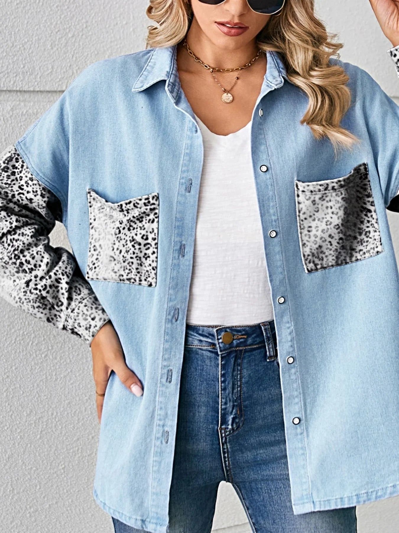 Leopard Patchwork Button Up Denim Shirt -