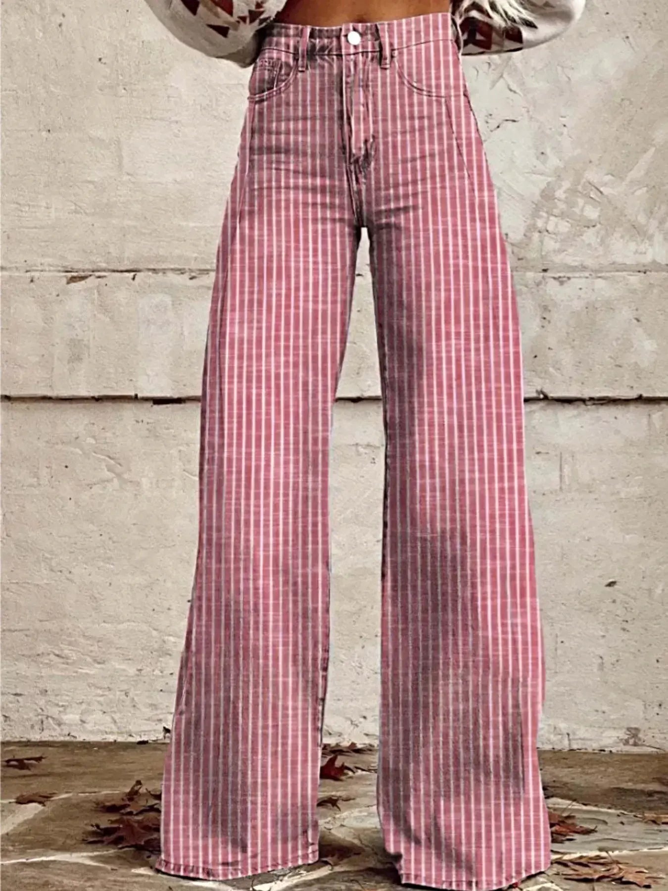Striped High-Waisted Wide Leg Jeans -