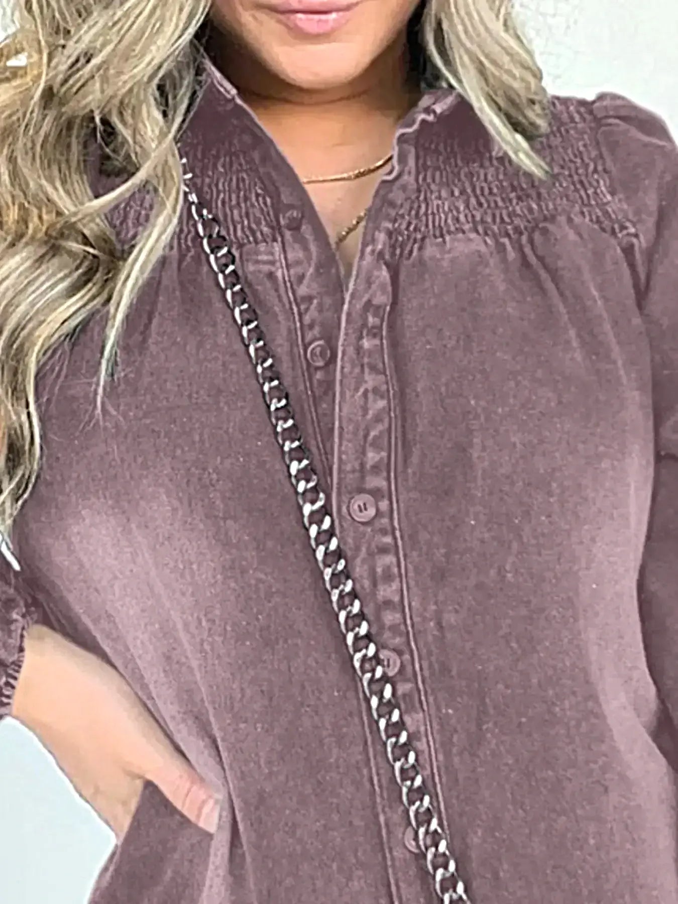 Elegant Plus Size Long Sleeve Denim Dress with Button Front and Smocked Detail -