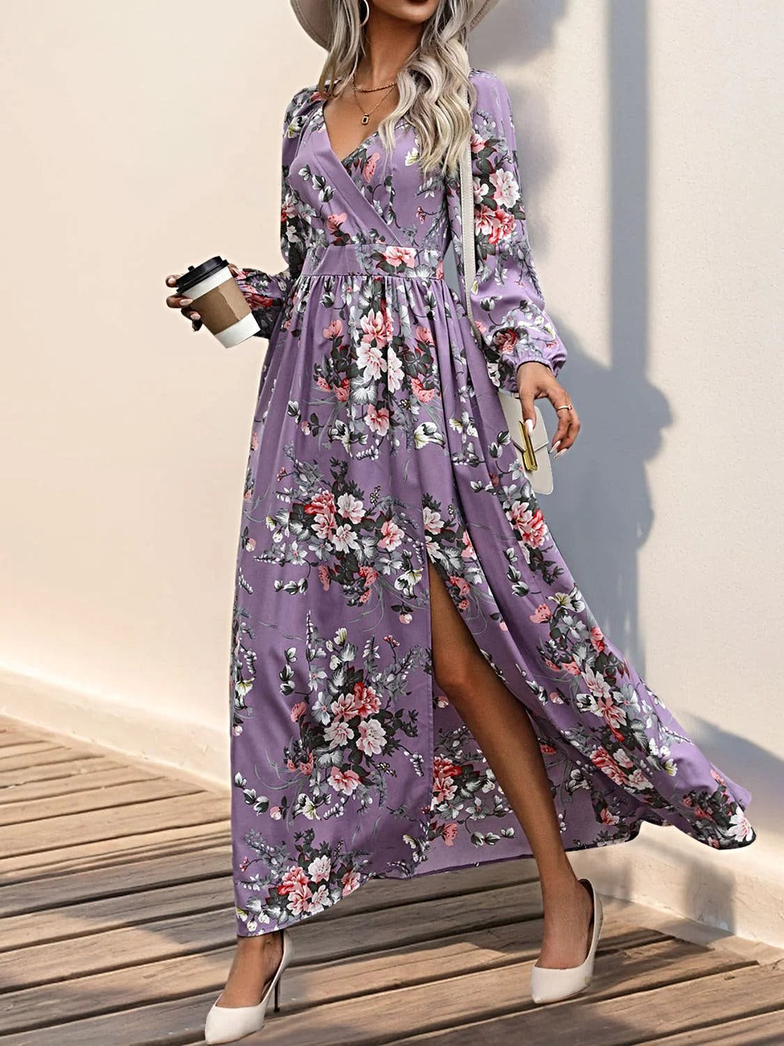 Perfee Elegant 100% Polyester Maxi Dress With Slit - Long Sleeve Surplice Design Trendsi