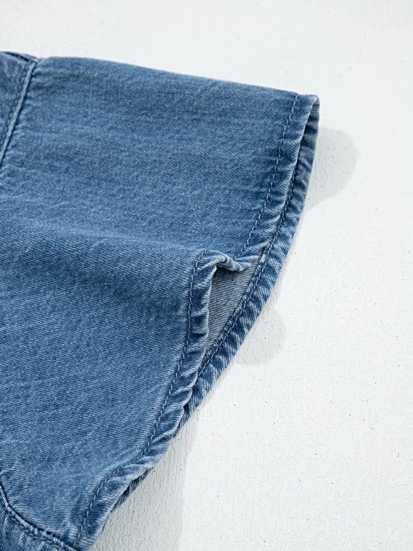 Ruffled Short Sleeve Denim Shirt -