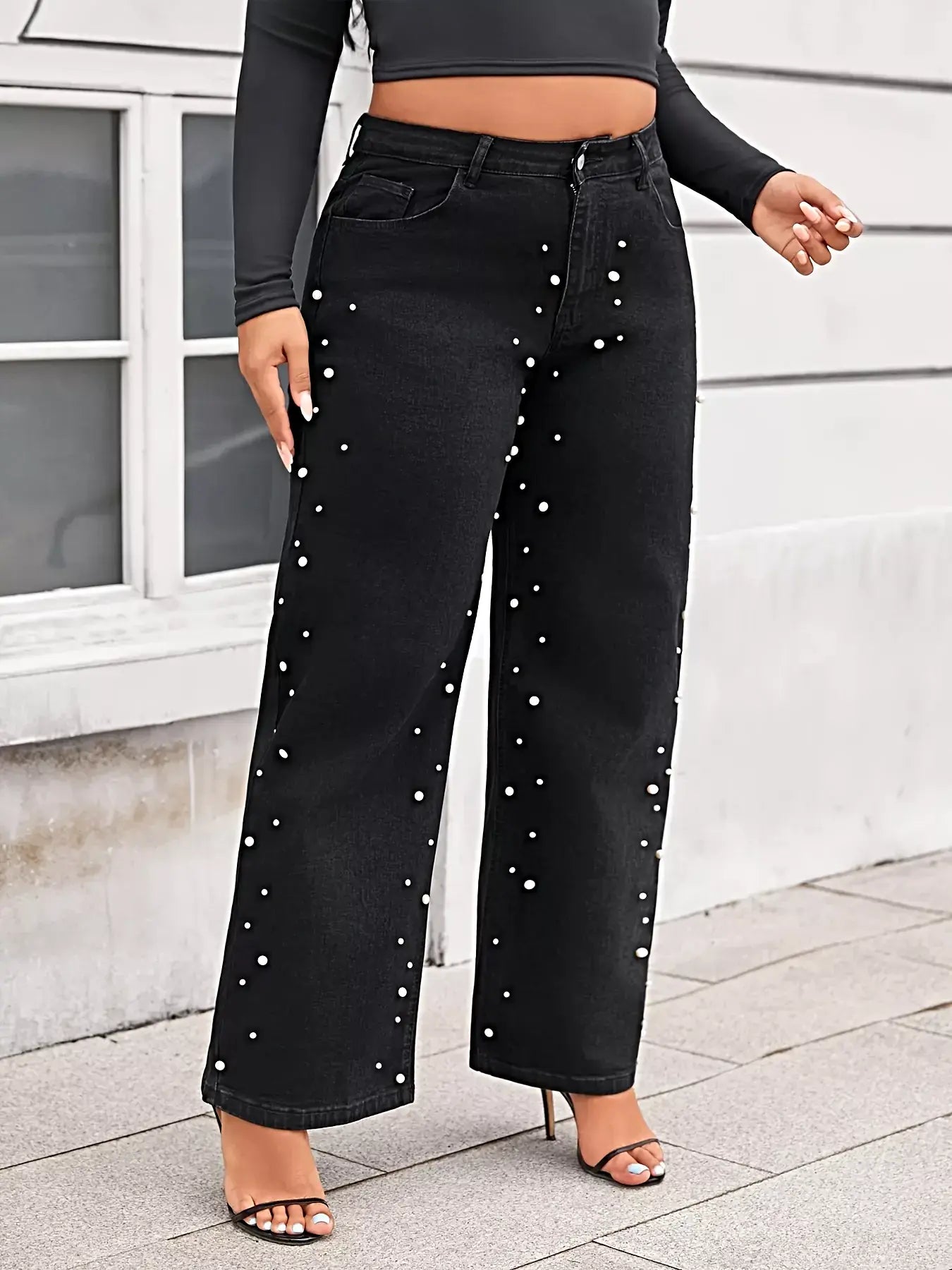 Plus Size Pearl Embellished Wide Leg Jeans -