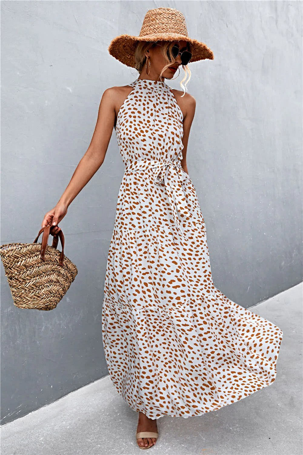 Grecian Printed Tie Waist Maxi Dress with Sleeveless Design and Polka Dot Floral Pattern Trendsi