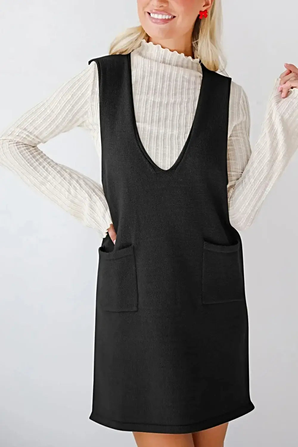 Lovelet Pocketed V-Neck Mini Sweater Overall Dress -