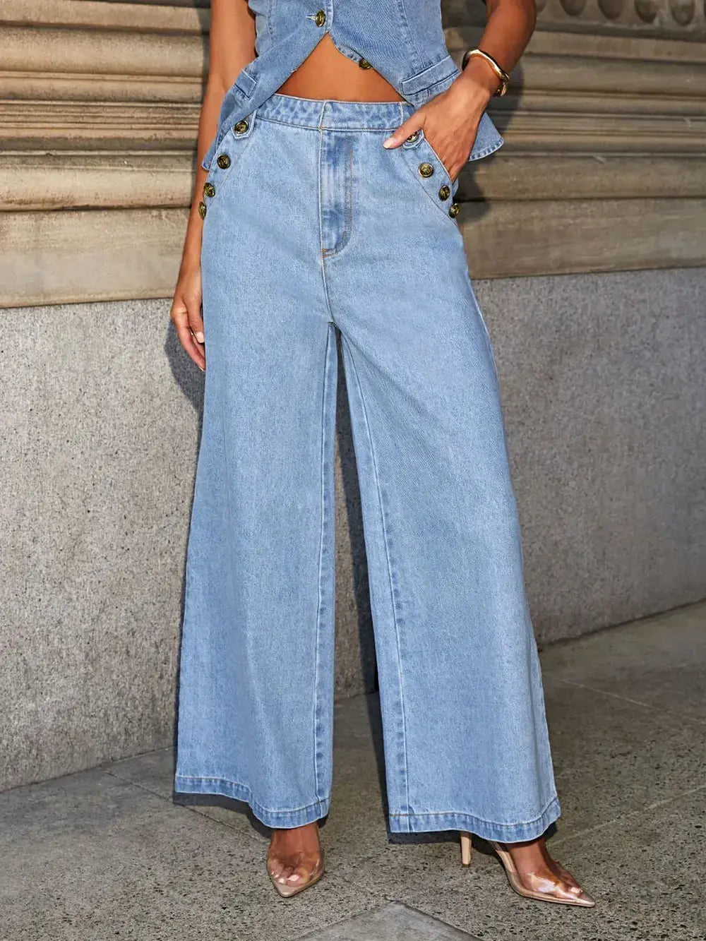 Button Down Vest and Wide Leg Jeans Denim Set -