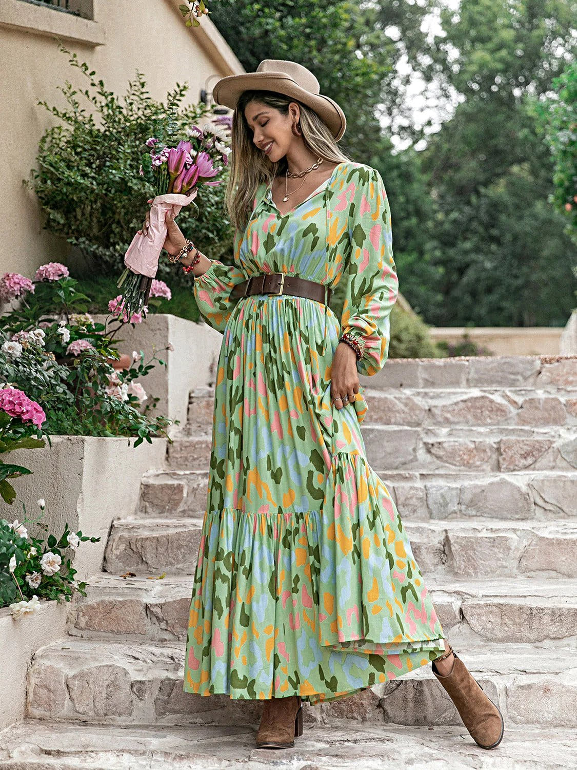 Chic Multicolored Maxi Dress With Tie Neck And Long Sleeves - Smocked A-Line Design Trendsi