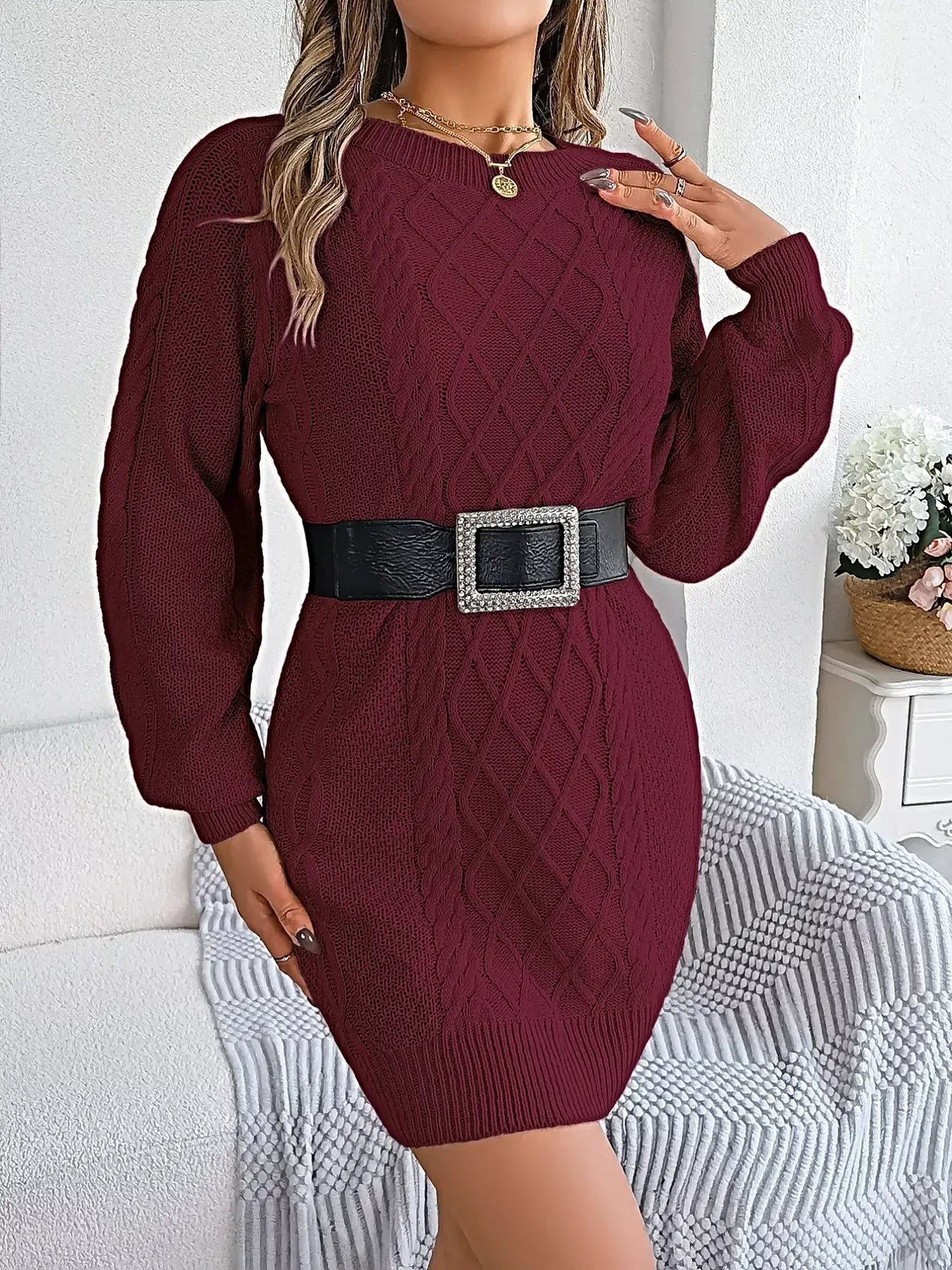 Diamond Cable Knit Sweater Dress with Long Sleeves -