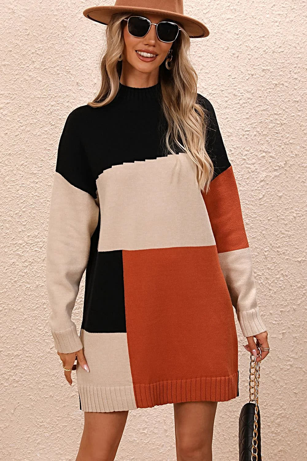 Stylish Color Block Sweater Dress with Mock Neck and Dropped Shoulders - Casual Mini Length Trendsi