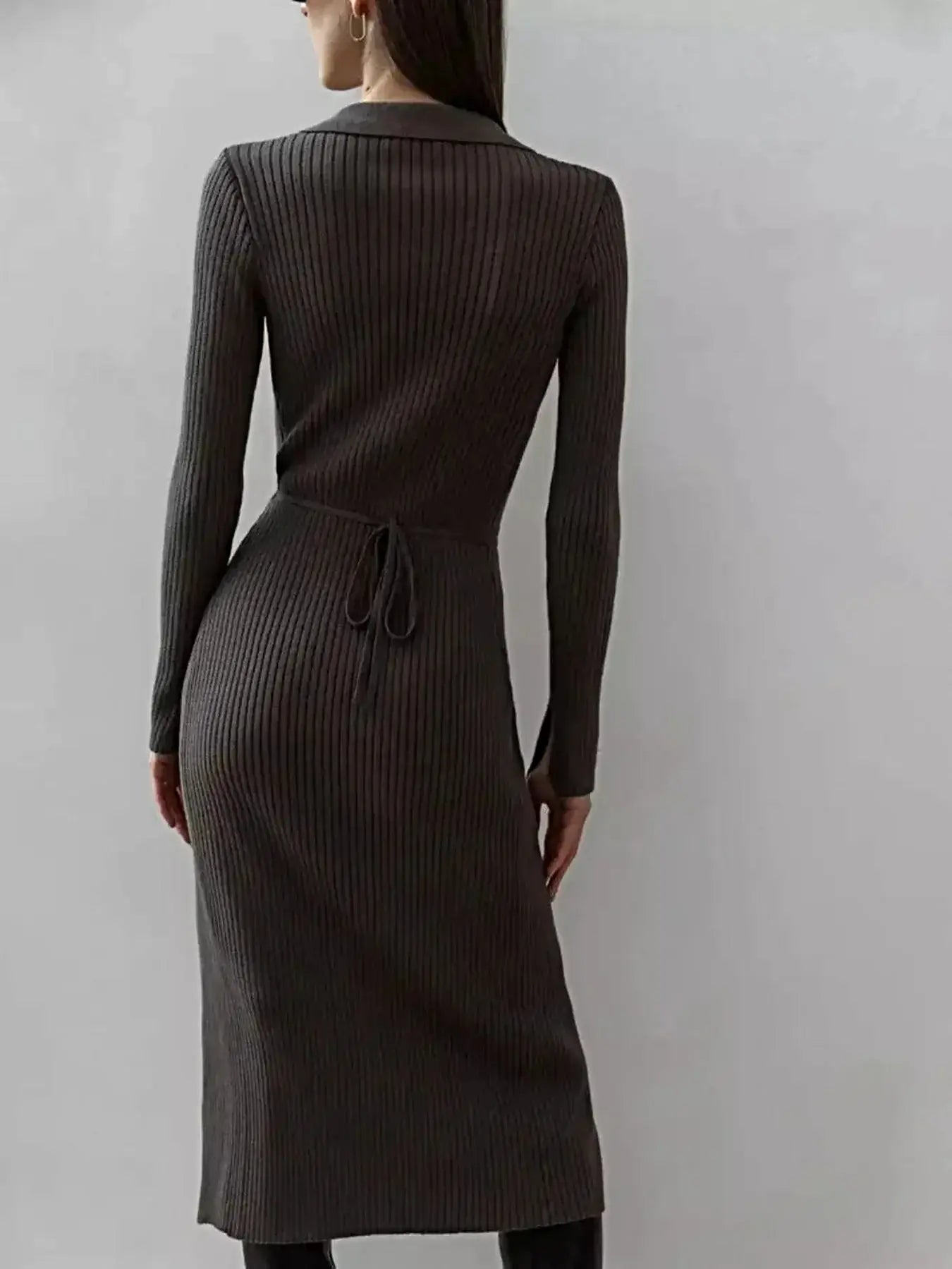 Tied Collared Neck Long Sleeve Sweater Dress -