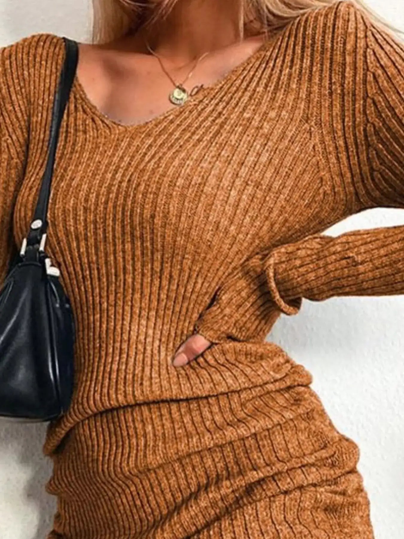 Full Size Ribbed Knit Drawstring Bodycon Sweater Dress Plus Size -