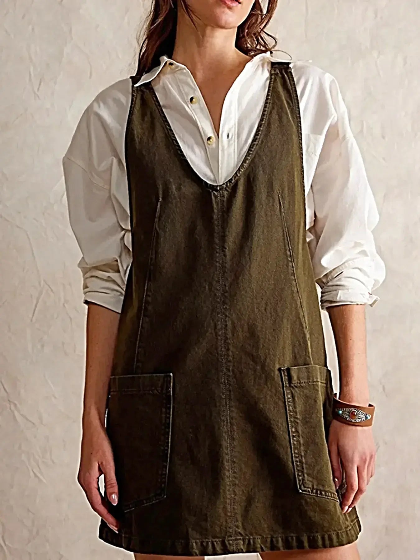 Oversized V-Neck Denim Tank Dress with Front Pockets -