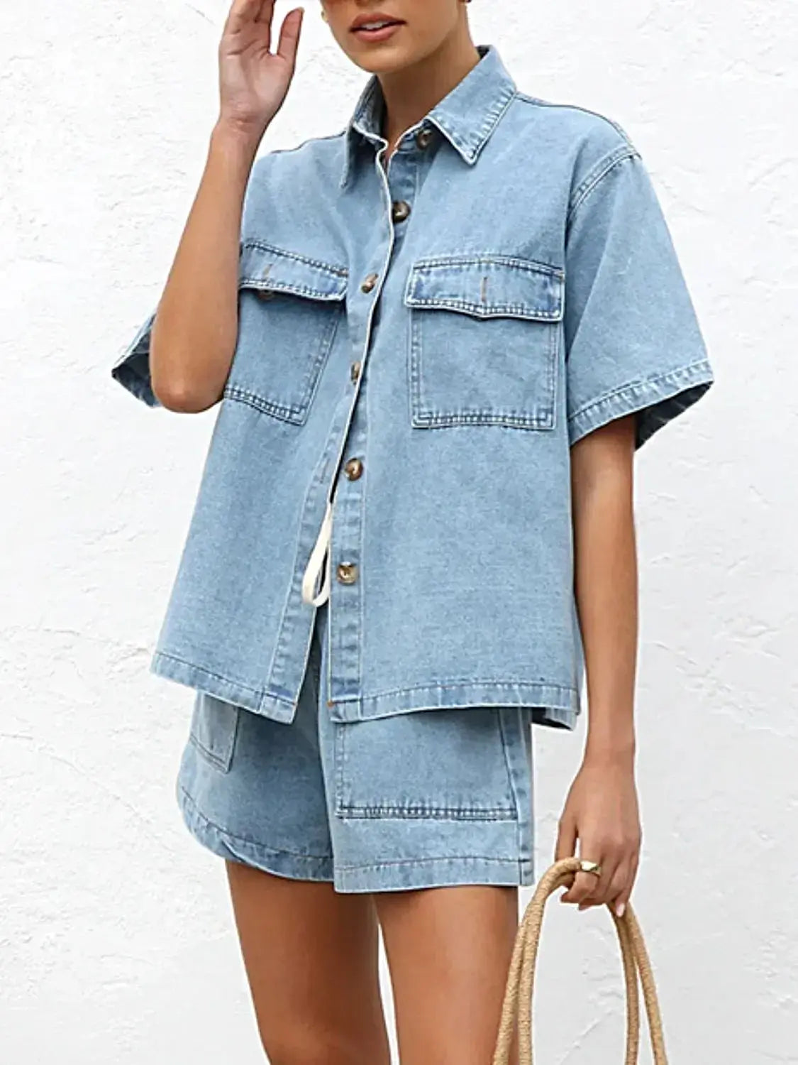 Button Up Short Sleeve Top and Shorts Denim Set -
