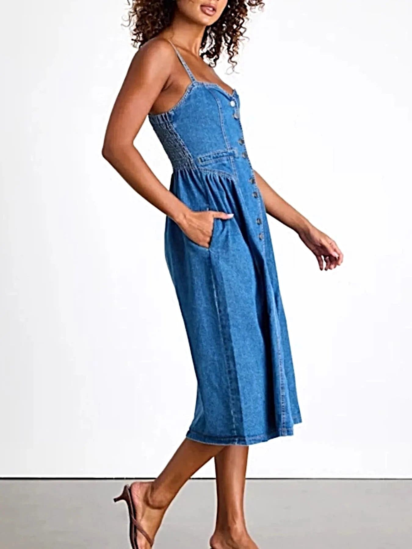 Button-Front Midi Denim Dress -