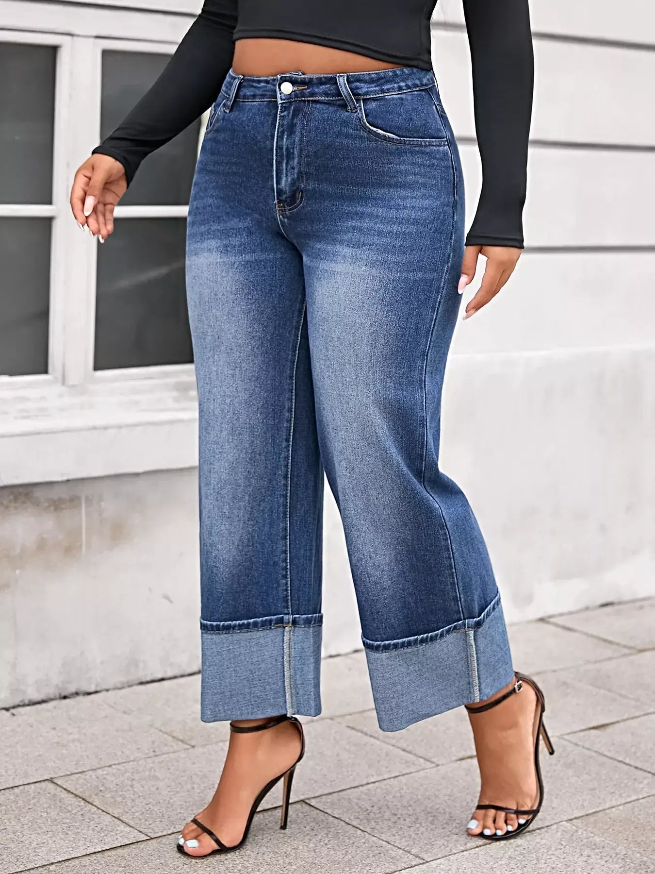 Plus Size High Waist Cuffed Wide Leg Jeans -