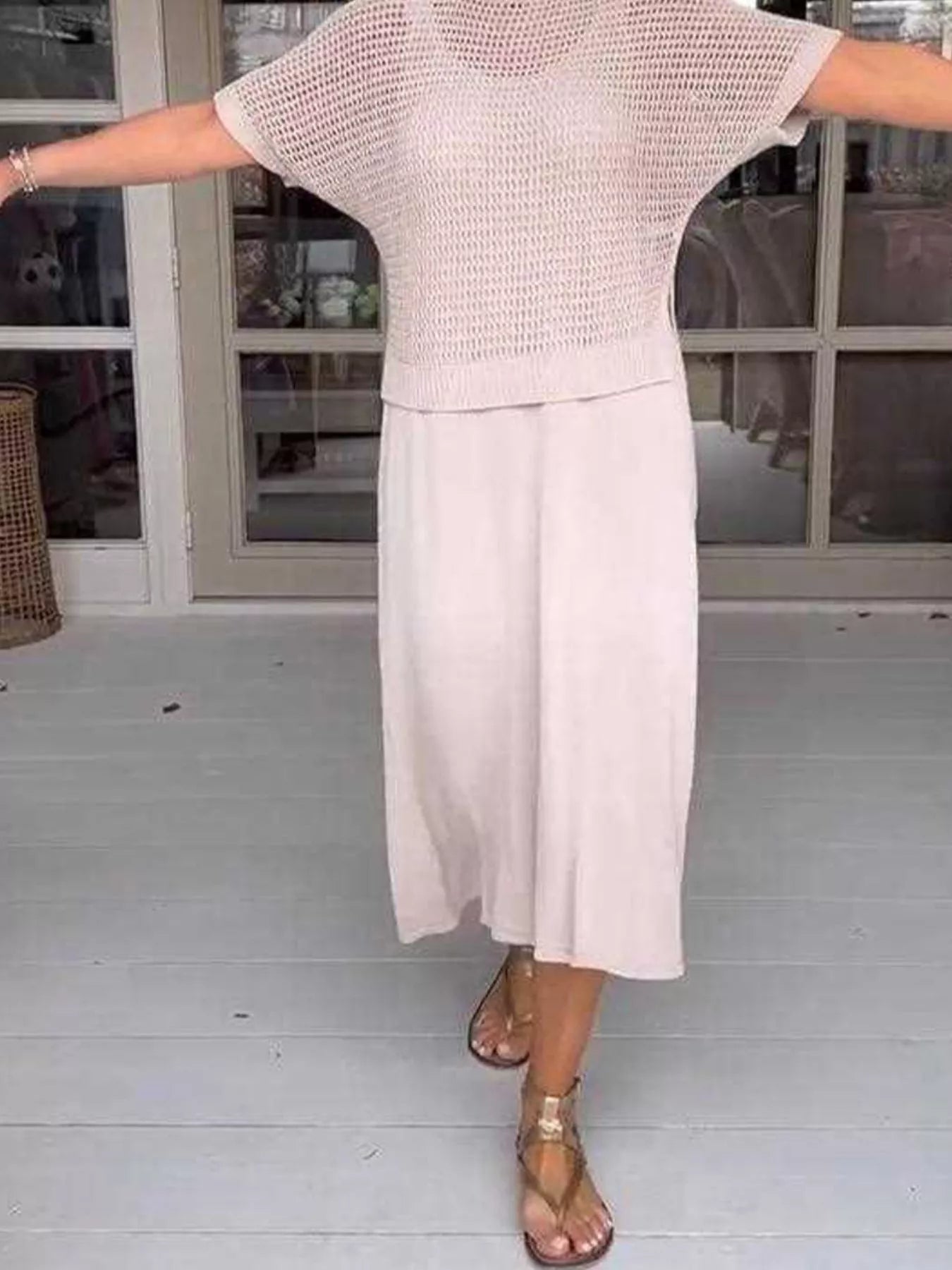 Full Size Openwork Knit Cover Up and Dress Set Plus Size -