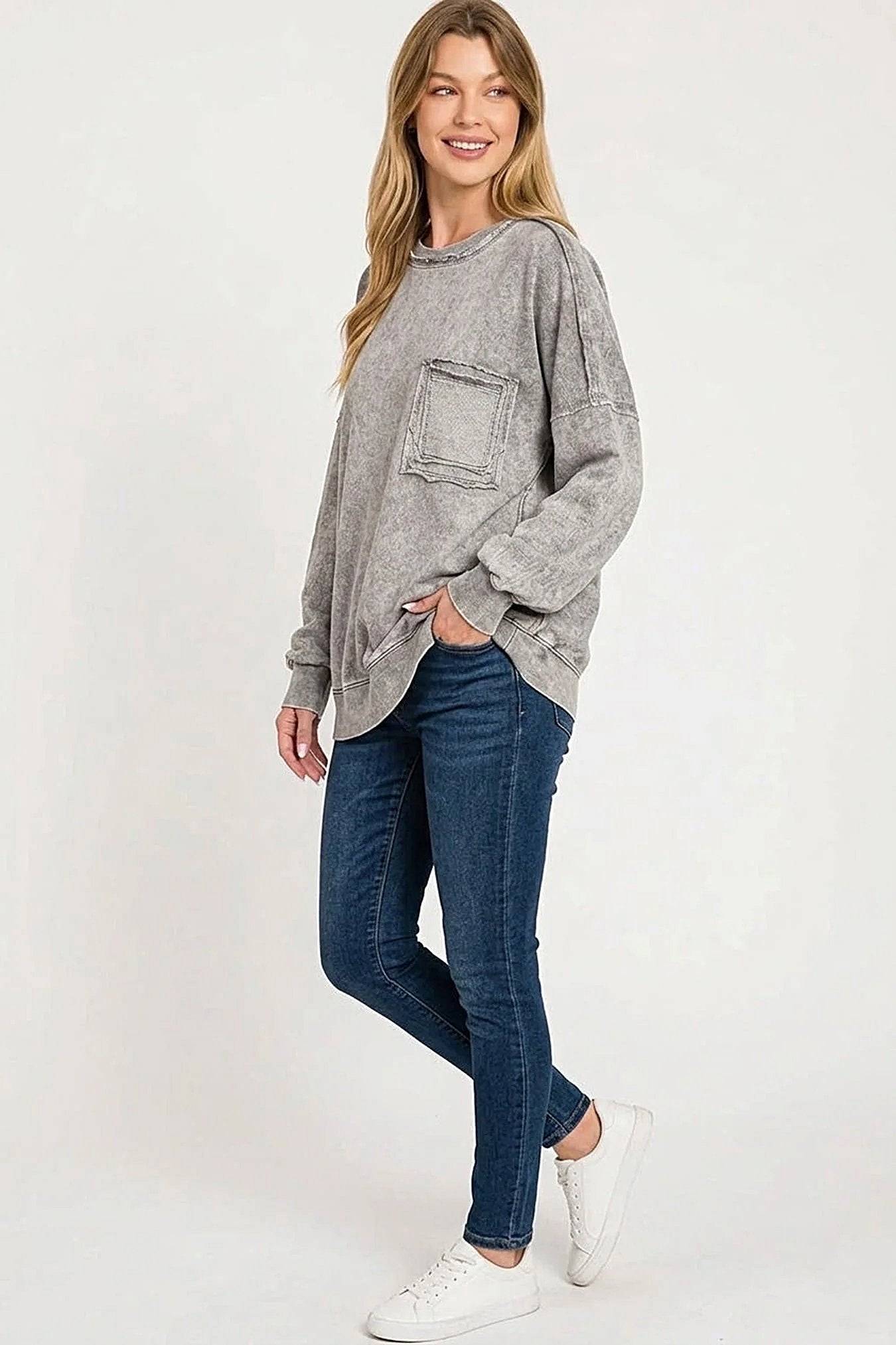Zenana Halo Washed French Terry Exposed-seam Sweatshirt -