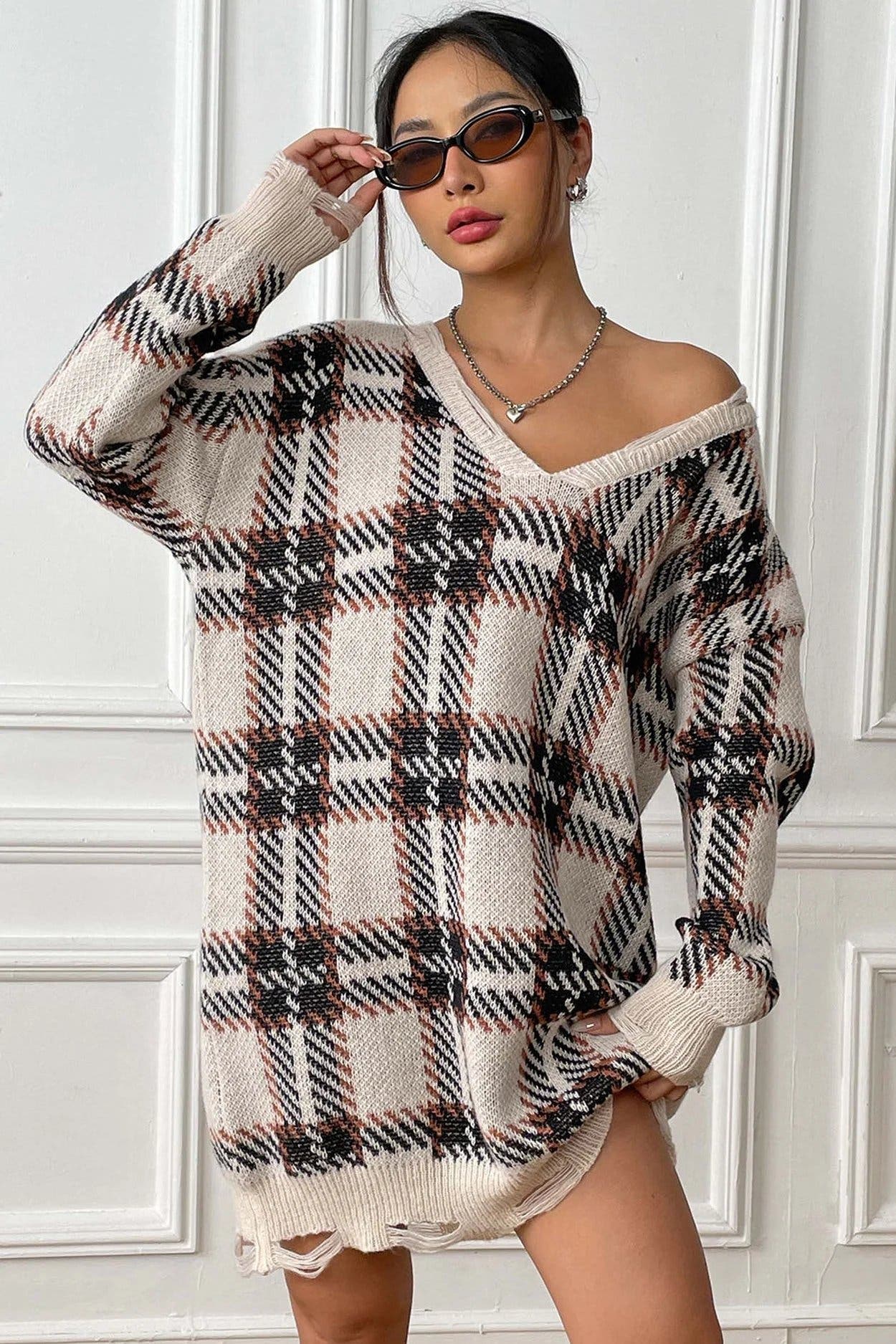 Plaid V-Neck Long Sleeve Sweater Dress -