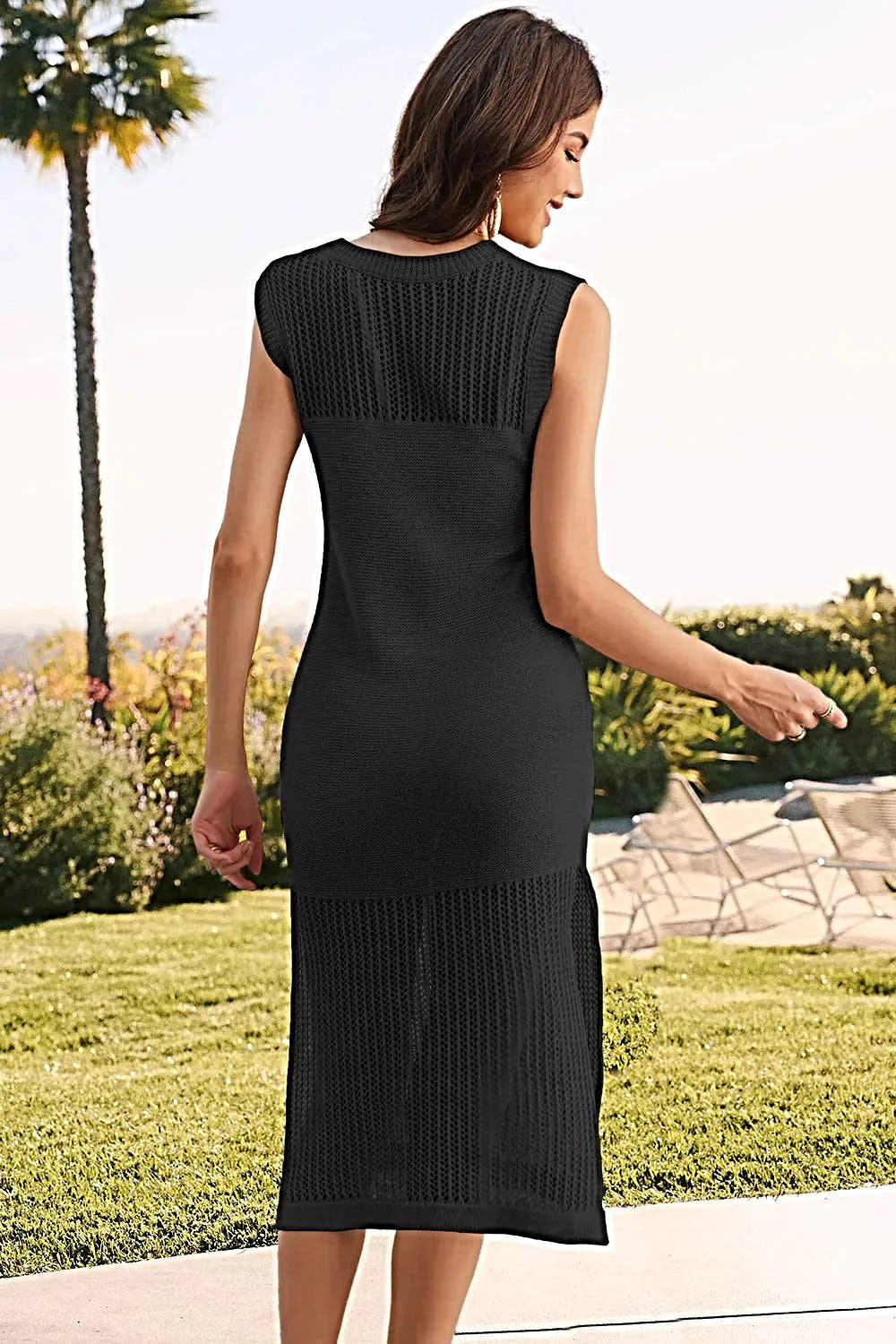 Elegant Slit Round Neck Sleeveless Sweater Dress with Openwork Design - 100% Viscose Trendsi