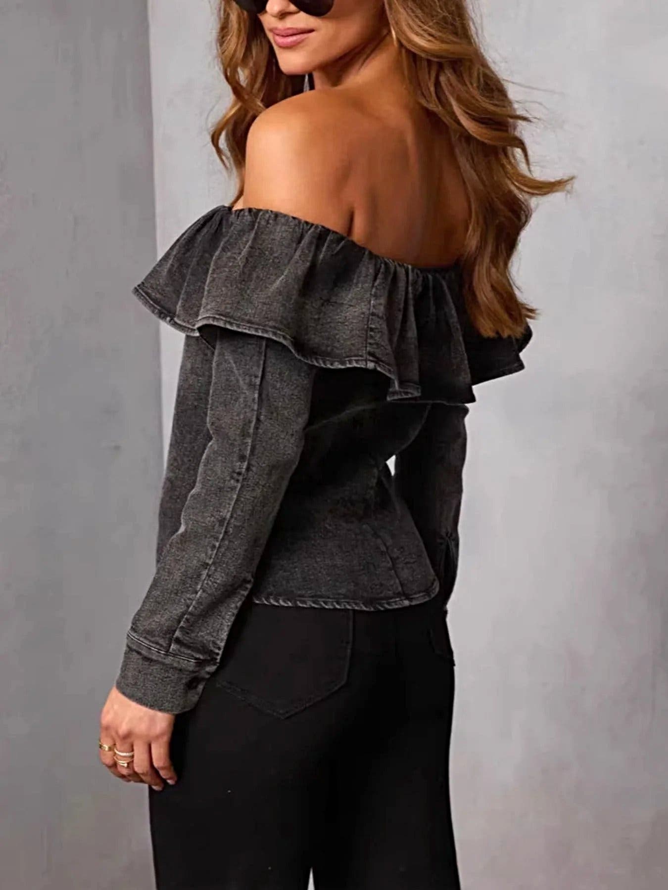 Off-Shoulder Ruffled Denim Top -