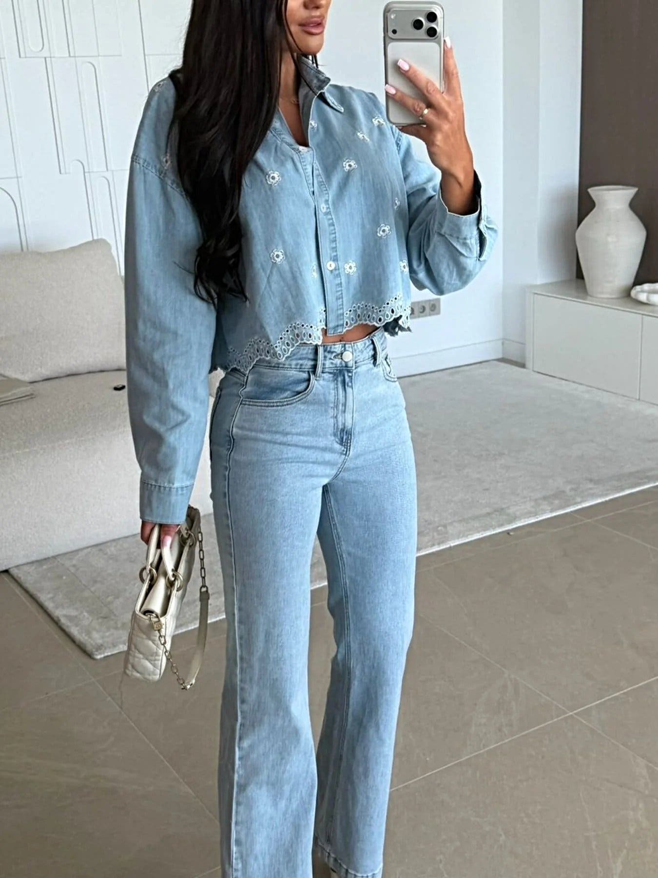 Embroidered Cropped Denim Shirt -