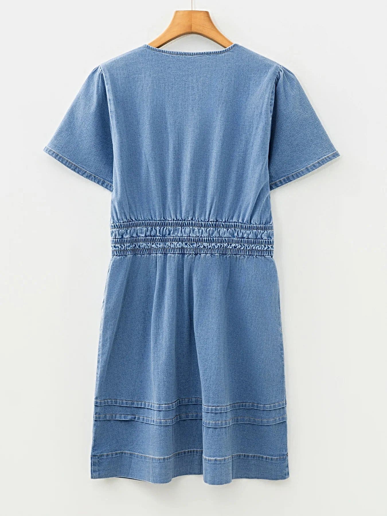 Notched Short Sleeve Denim Dress -