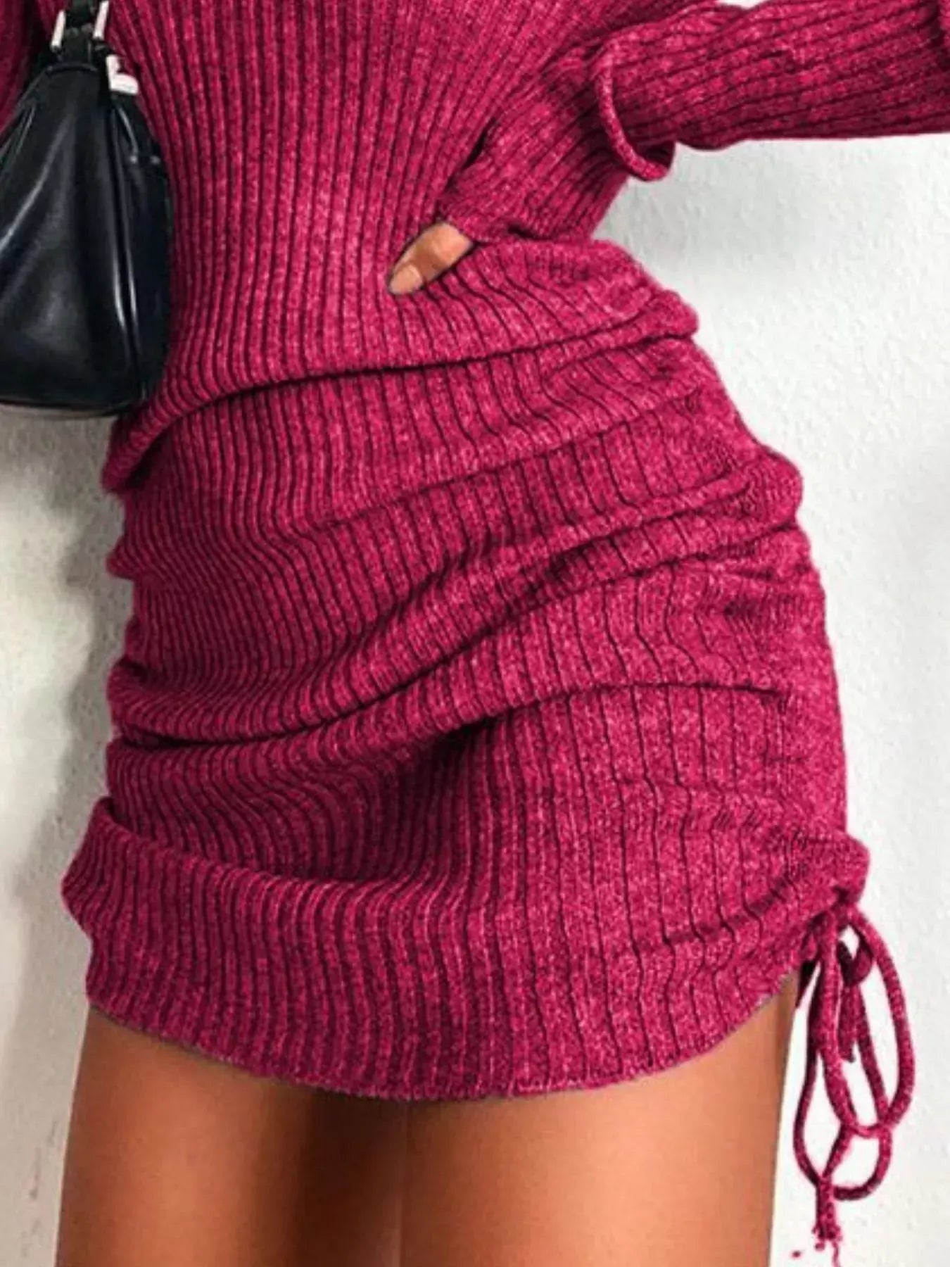 Full Size Ribbed Knit Drawstring Bodycon Sweater Dress Plus Size -