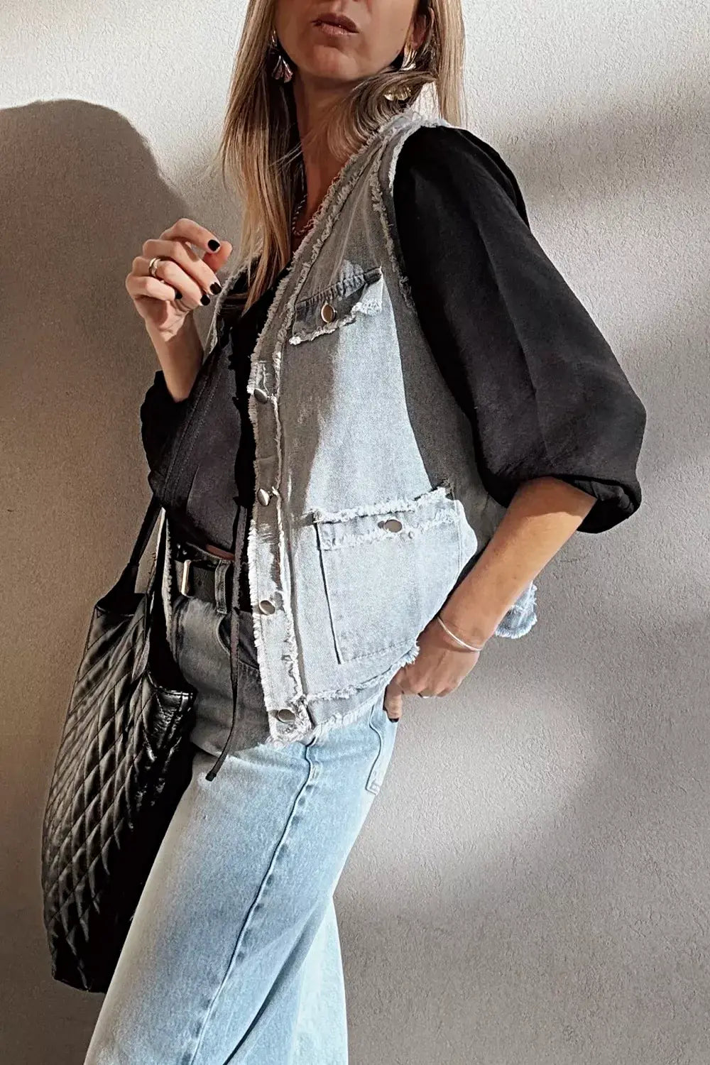 Frayed Edge Flap Pockets Denim Vest Jacket -