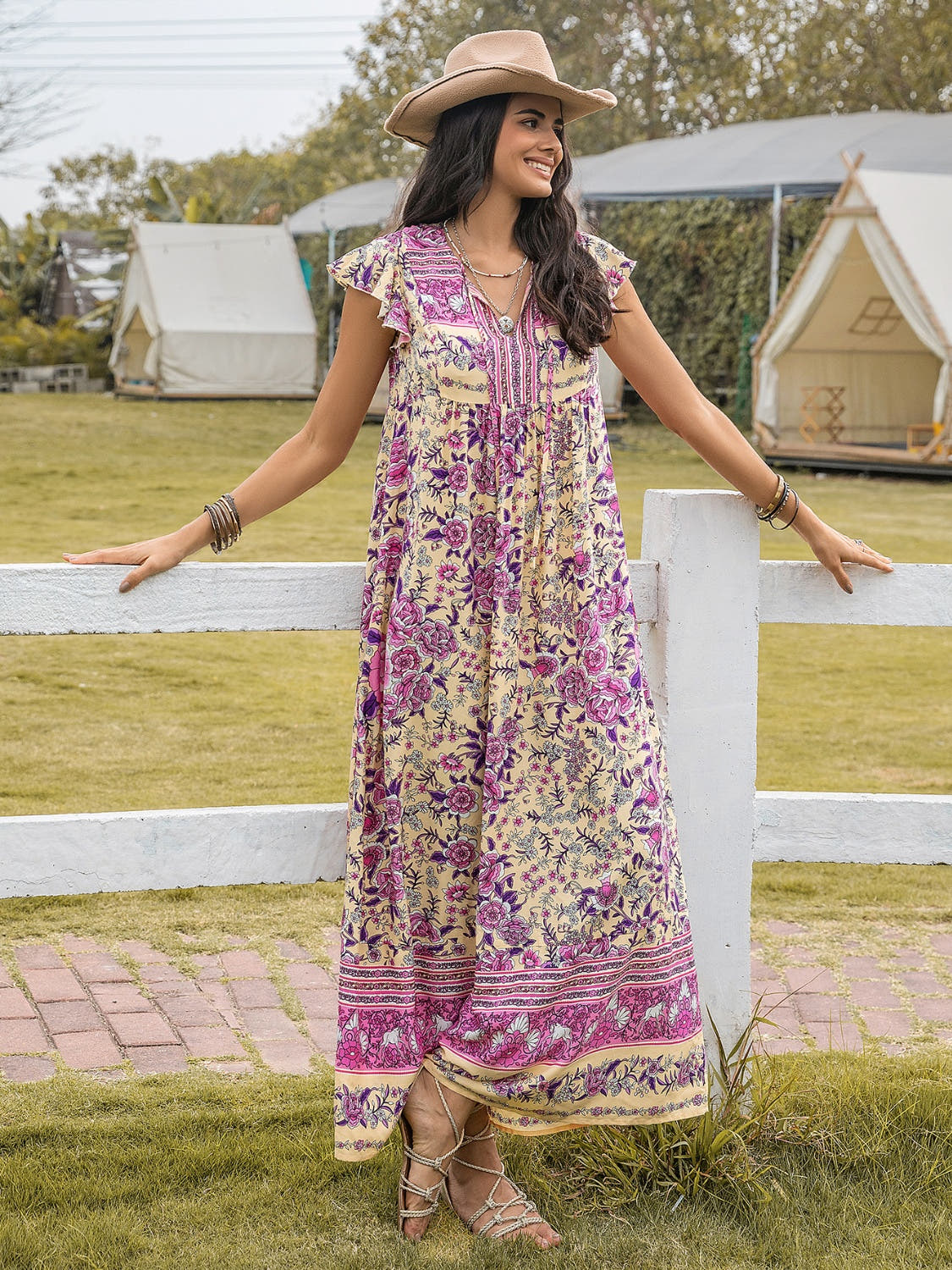 Ruffled Printed Tie Neck Cap Sleeve Dress -