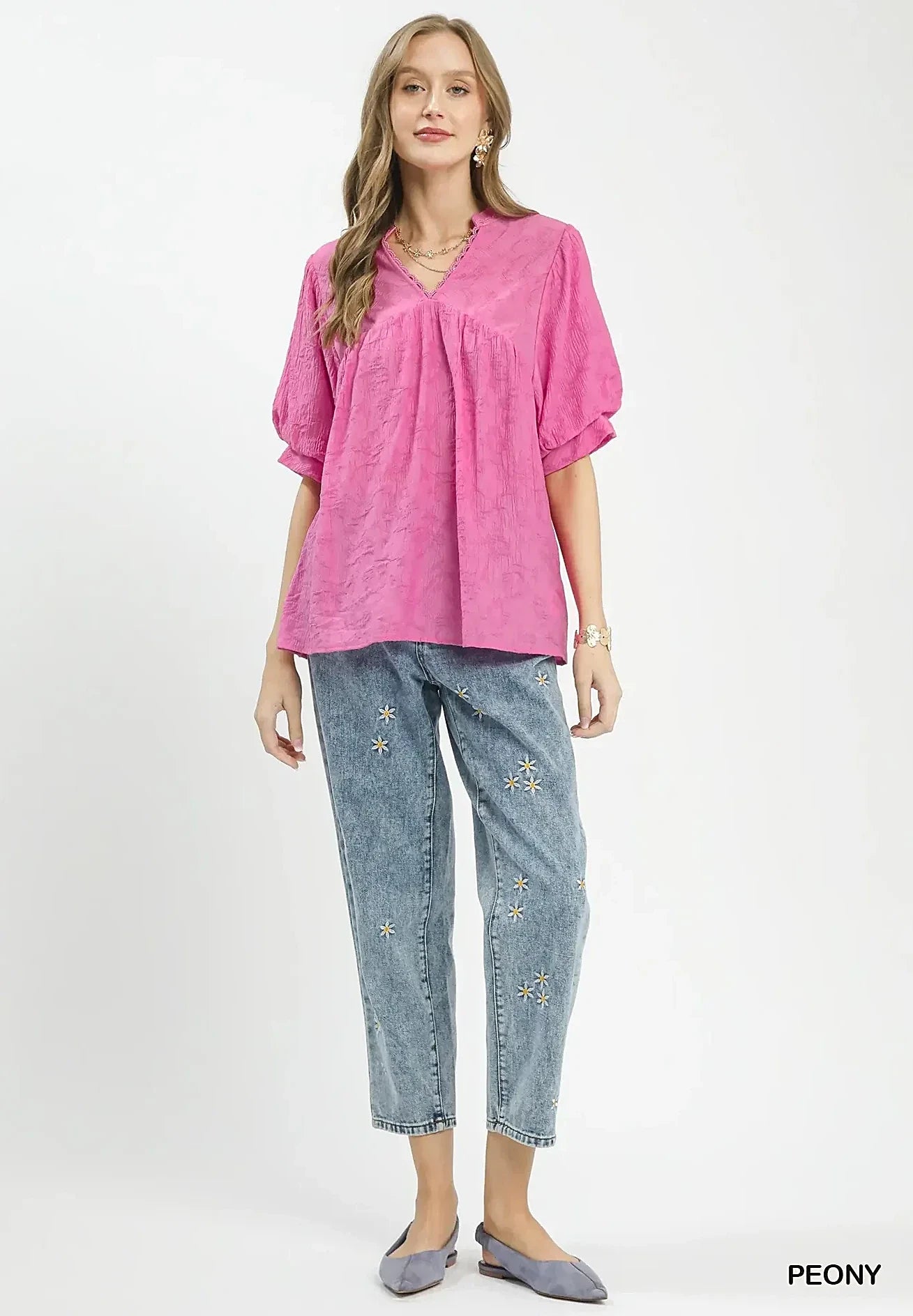 Umgee Textured Lace Trim V-Neck Boho Blouse -