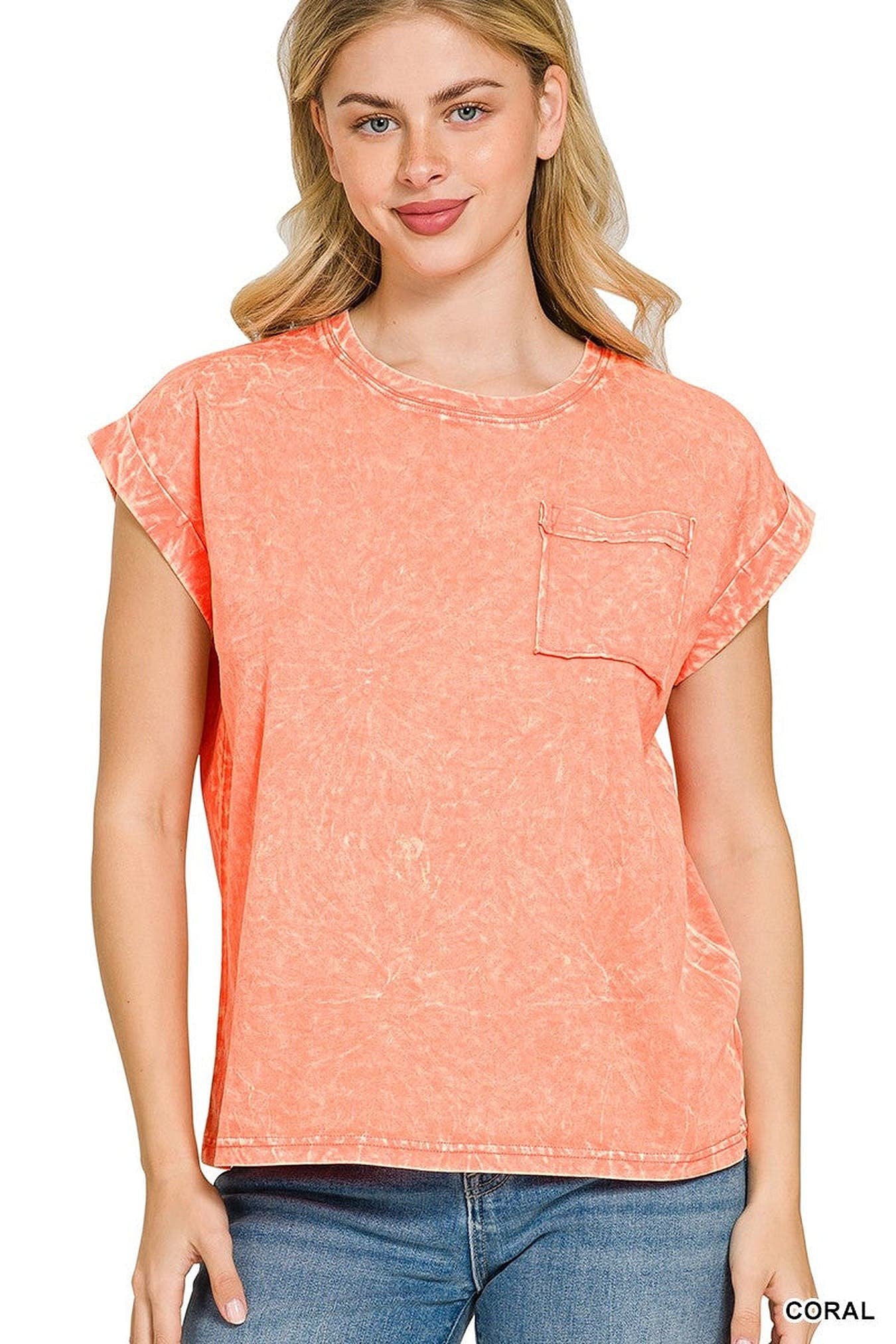 Zenana Crinkle Washed Round Neck Folded Short Sleeve Tee -