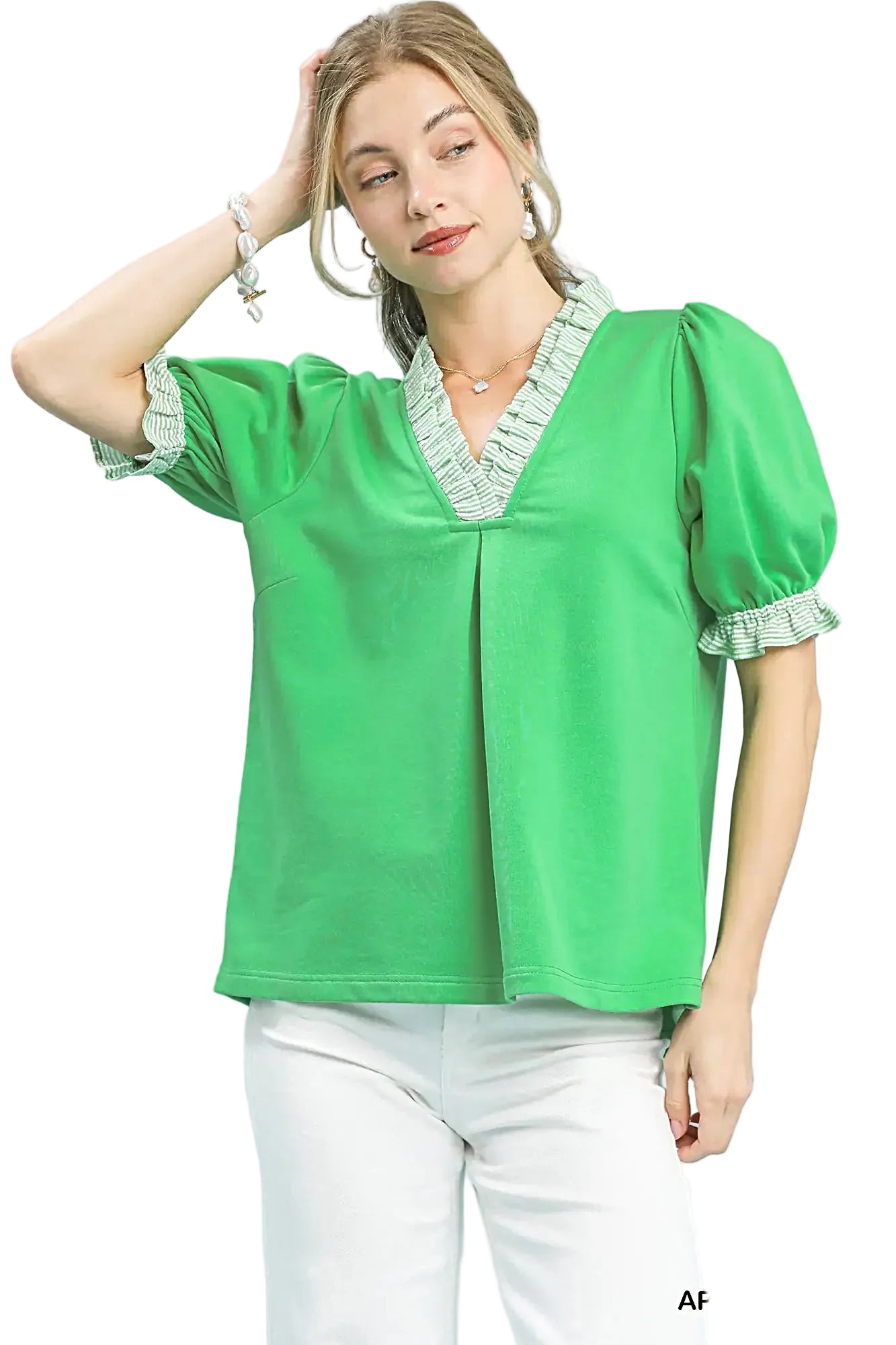 Umgee French Terry Ruffle Trim Puff Sleeve Top -