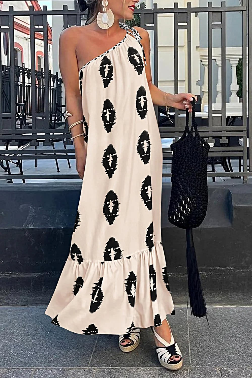 Chic Printed Maxi Dress With Single Shoulder Design - Elegant Opaque Style by Trendsi Trendsi