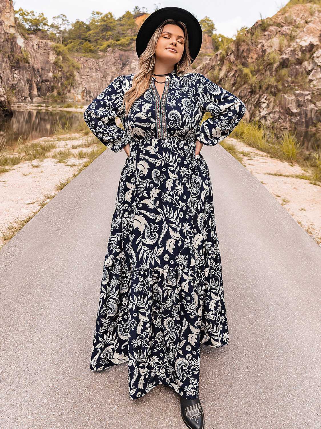 Elegant Plus Size Long Sleeve Maxi Dress in Opaque Fabric with Slight Stretch Trendsi