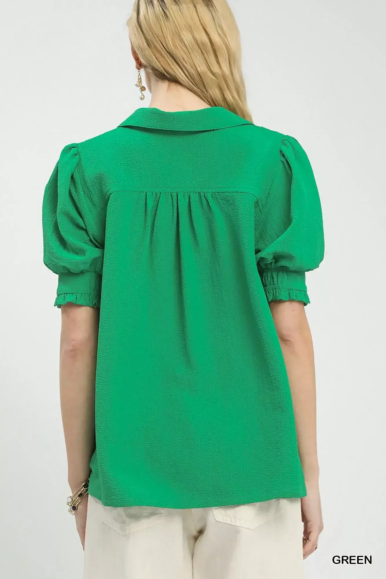 Elegant Seersucker Blouse with Puff Sleeves and Split V-Neck Design, 100% Polyester -