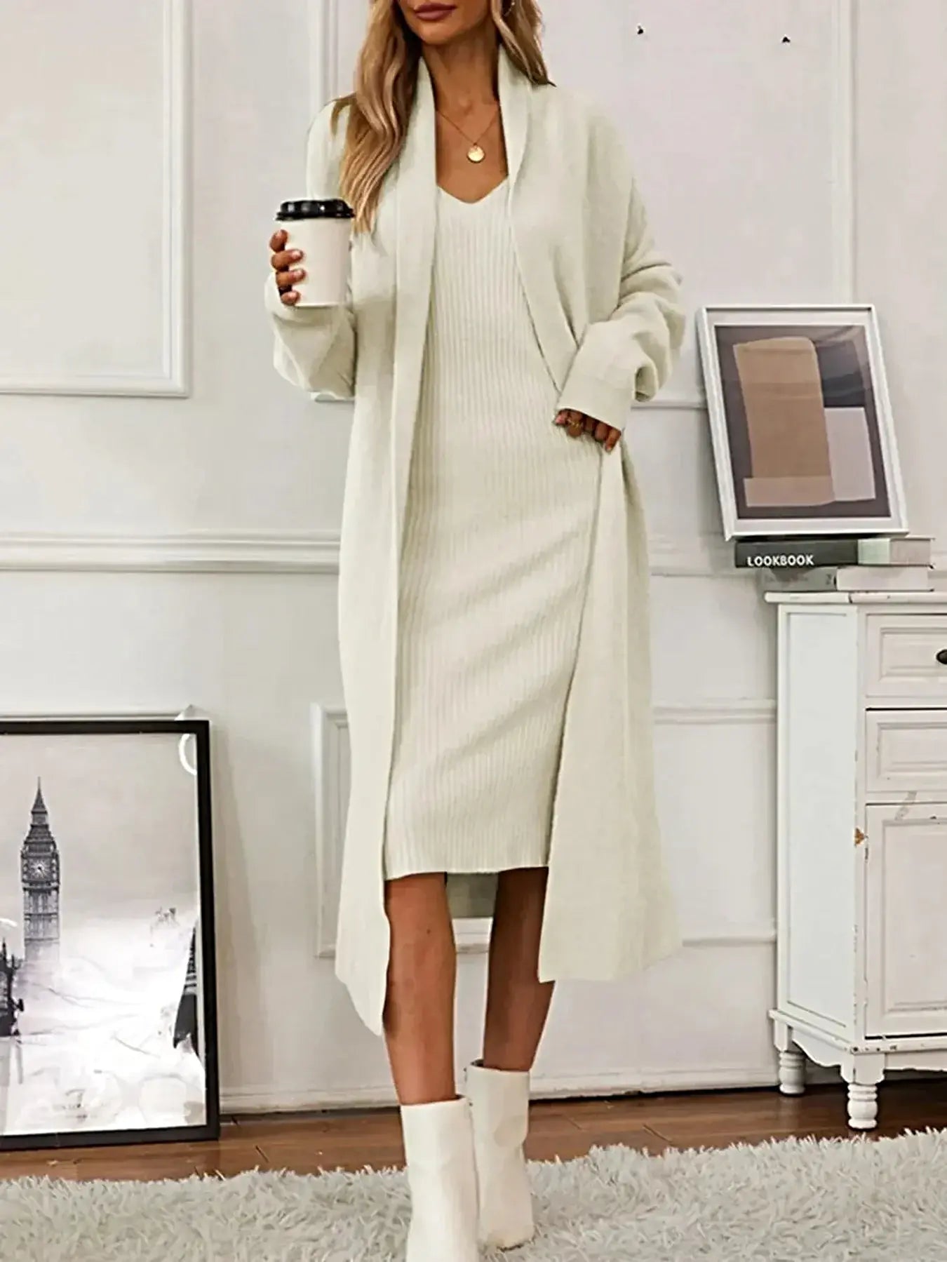 V-Neck Cami Dress and Open Front Cardigan Sweater Set -