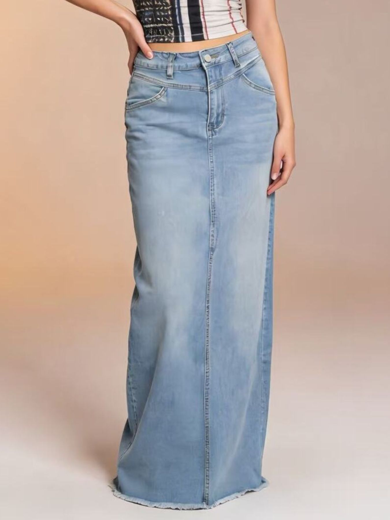 Raw Hem Maxi Denim Skirt -