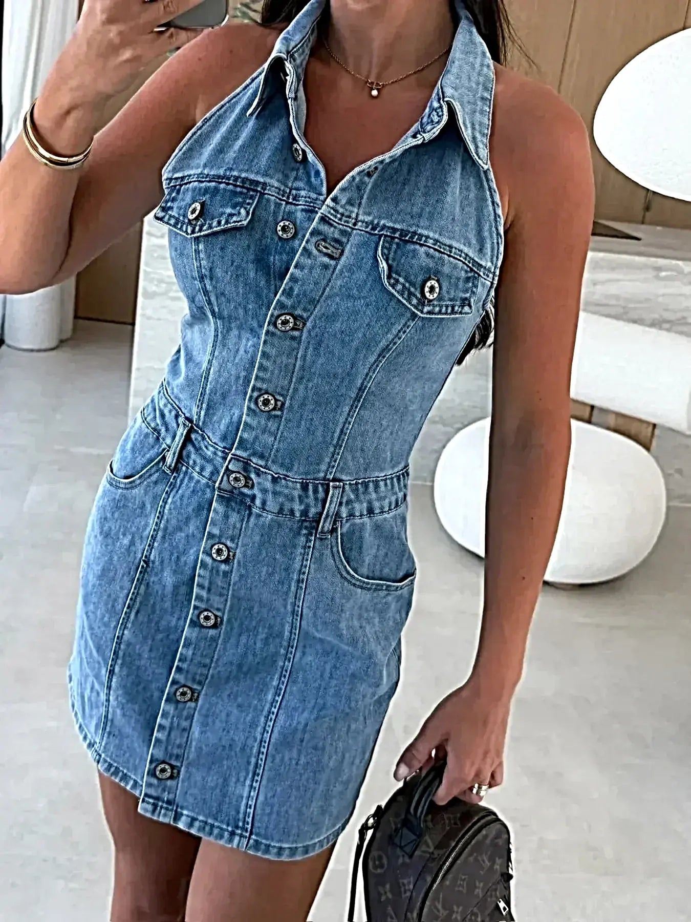 Button Front Sleeveless Denim Mini Dress -