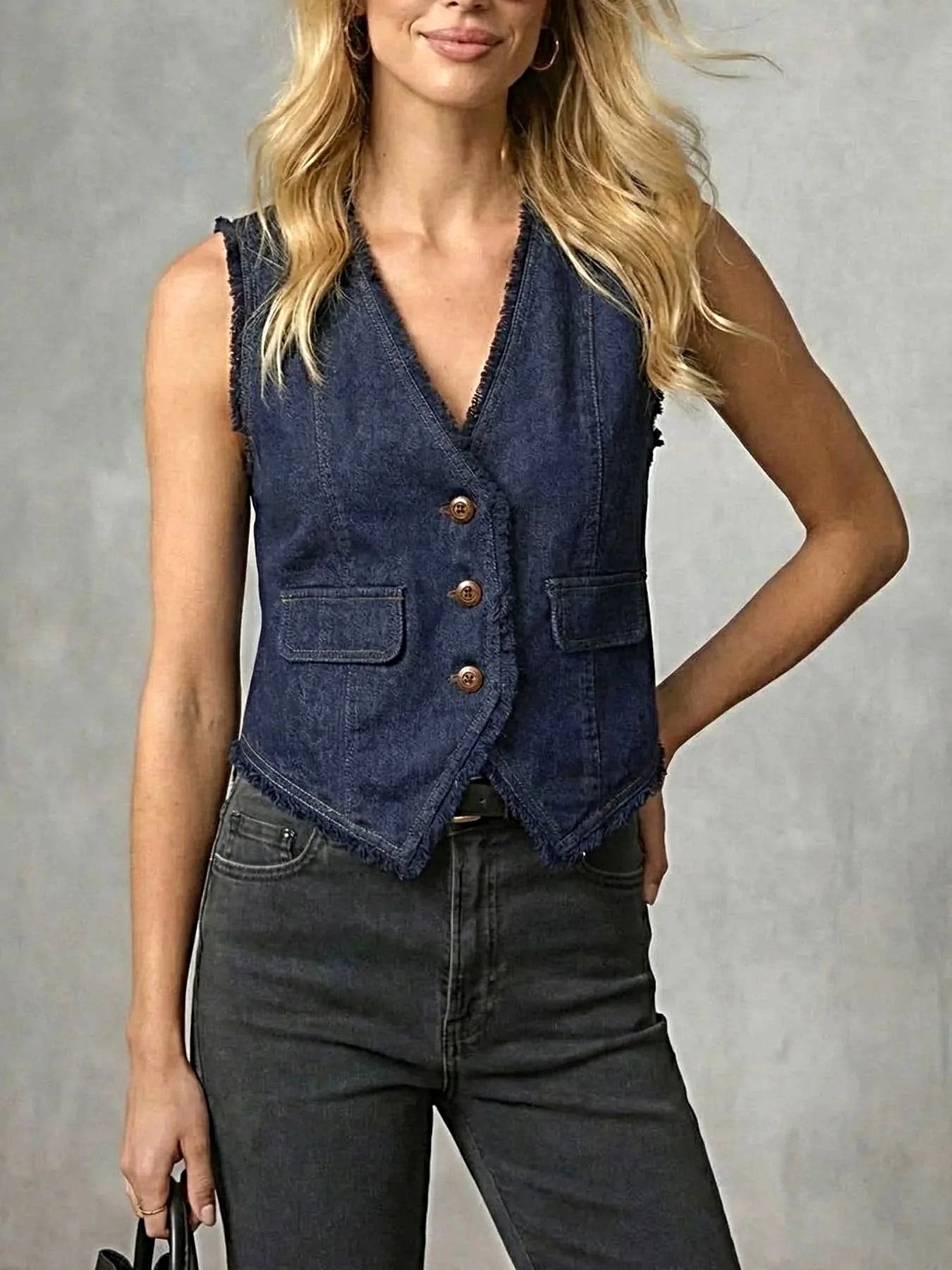 Frayed Hem Denim Vest -
