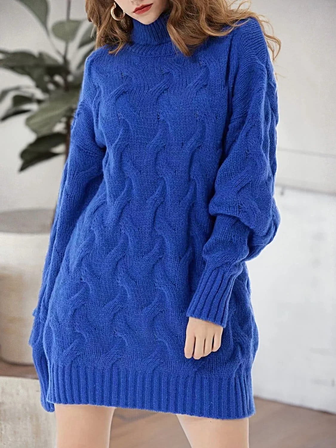 Cable-Knit Turtleneck Sweater Dress -