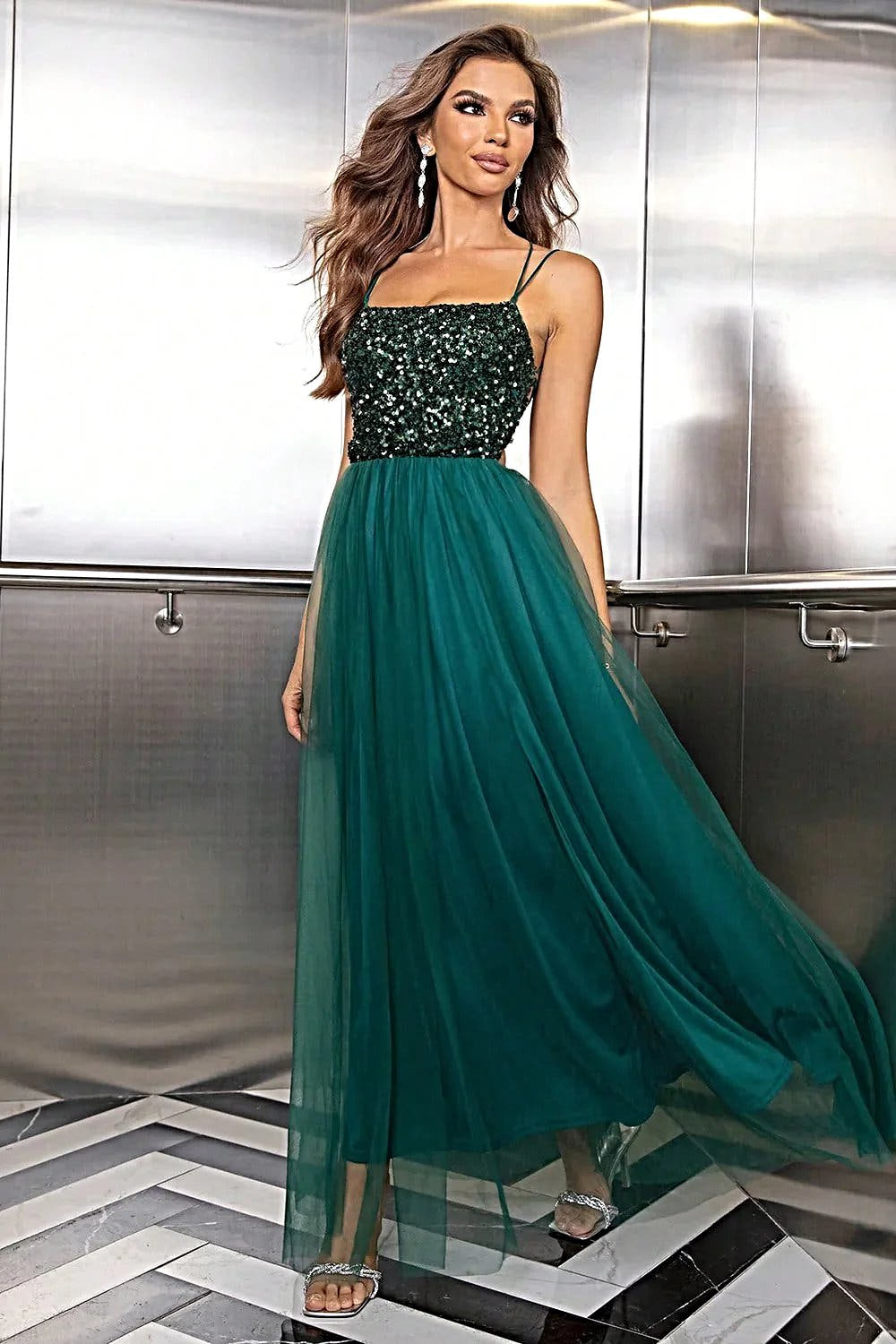 Elegant Lace-Up Party Dress - Backless Mesh Design, Opaque, Slightly Stretchy, Lined Trendsi