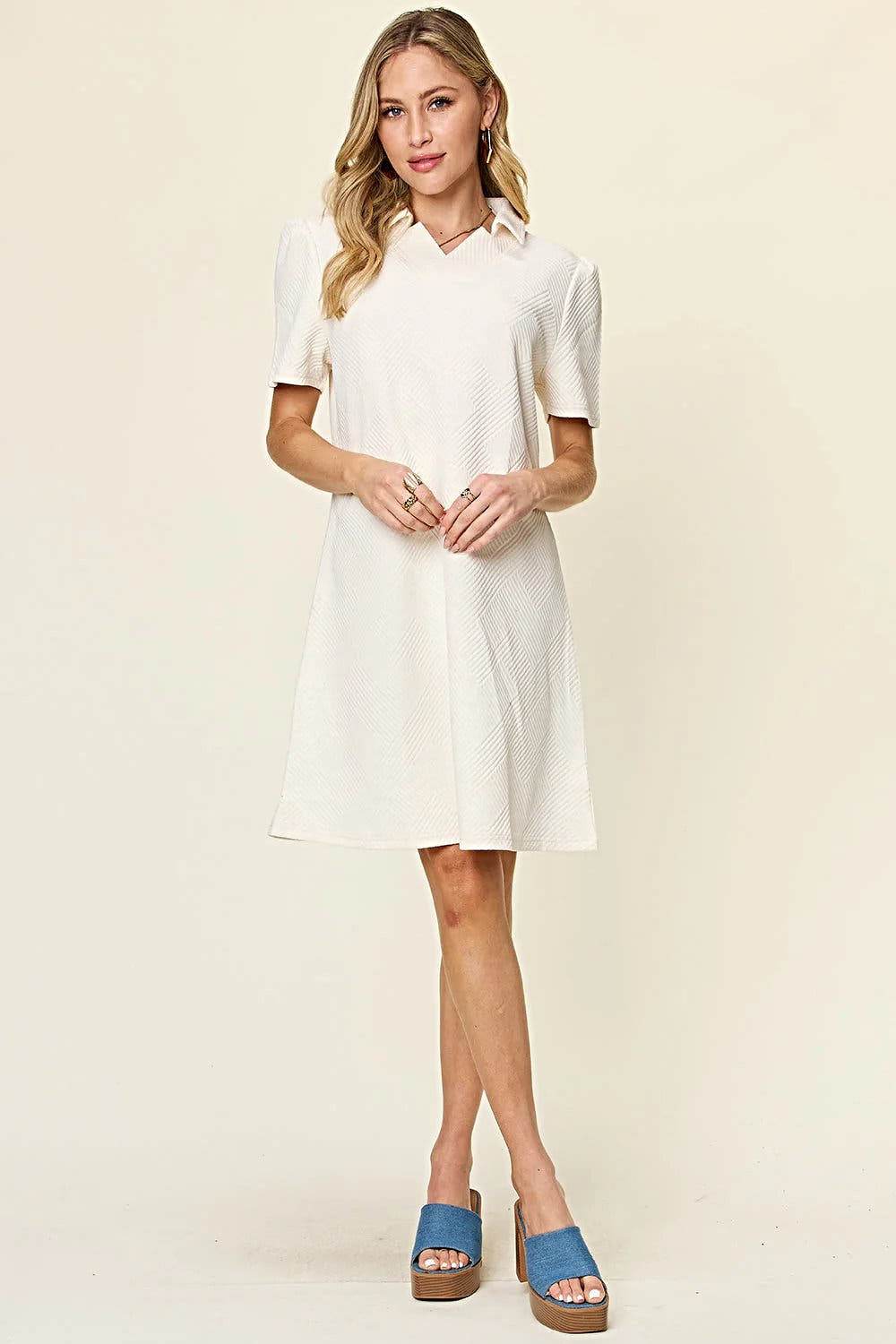 Elegant Double Take Short Sleeve Collar Dress - Textured Opaque Design, Slightly Stretchy, Machine Washable Trendsi