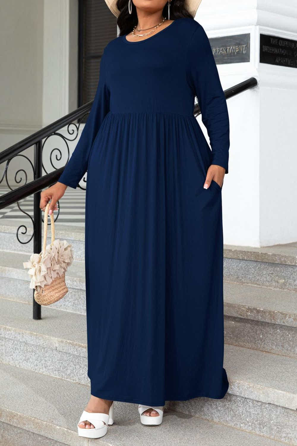 Plus Size Round Neck Long Sleeve Maxi Dress with Pockets Trendsi