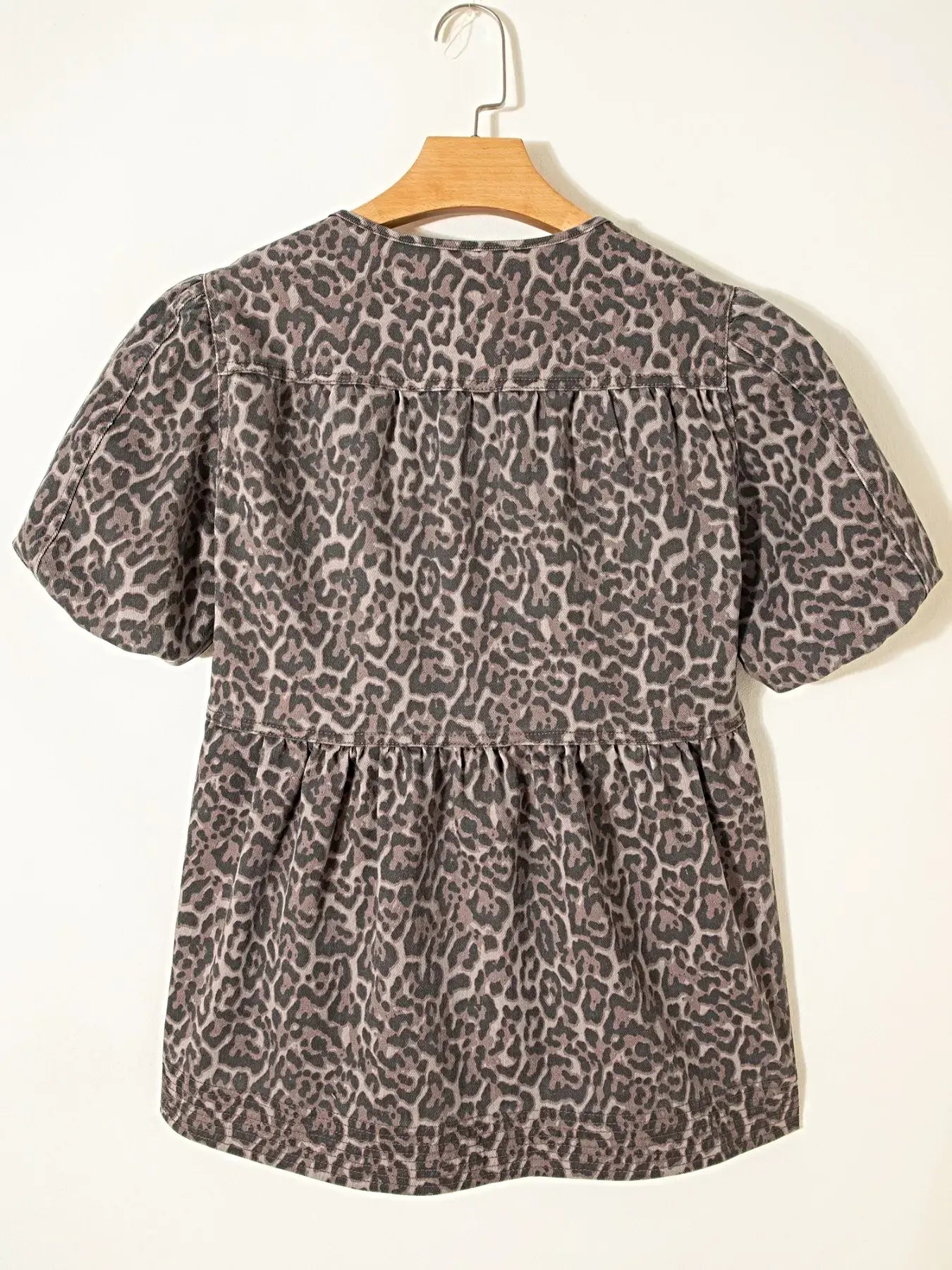 Leopard Print Ruffle Hem Denim Top -