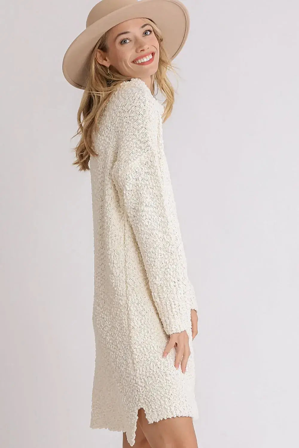 Umgee Full Size High Low Long Sleeve Boucle Sweater Dress Plus Size -