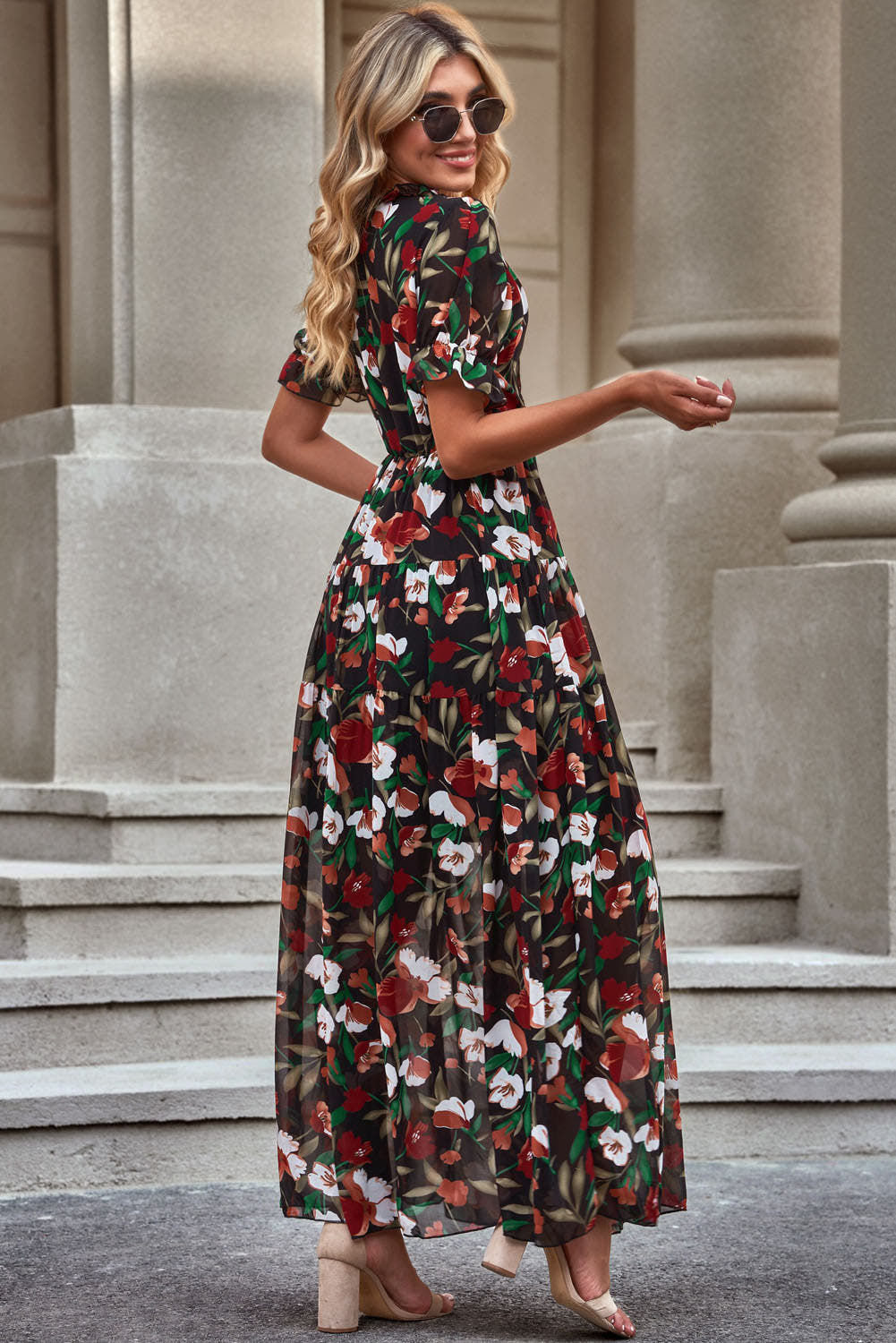 Elegant Floral V-Neck Dress with Short Flounce Sleeves, A-Line Maxi Length, 100% Polyester Trendsi